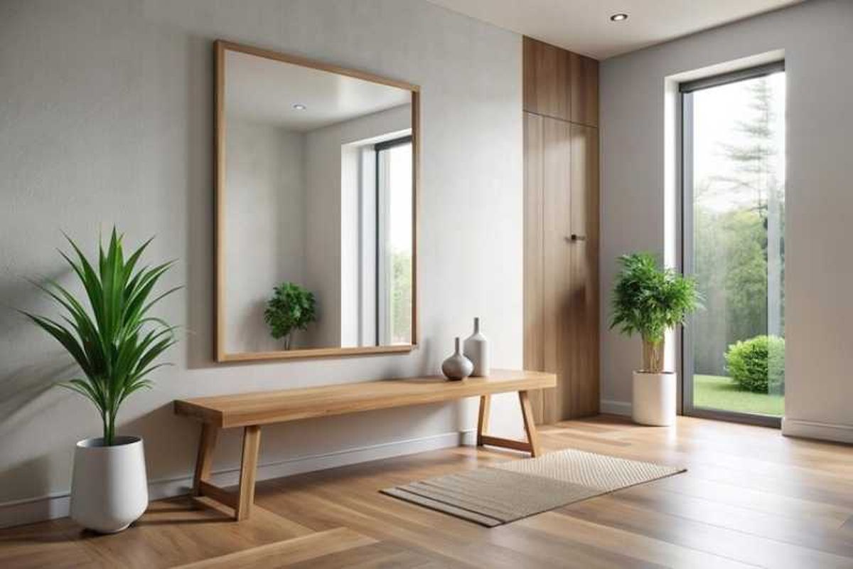 Recibidor minimalista con muebles de madera.