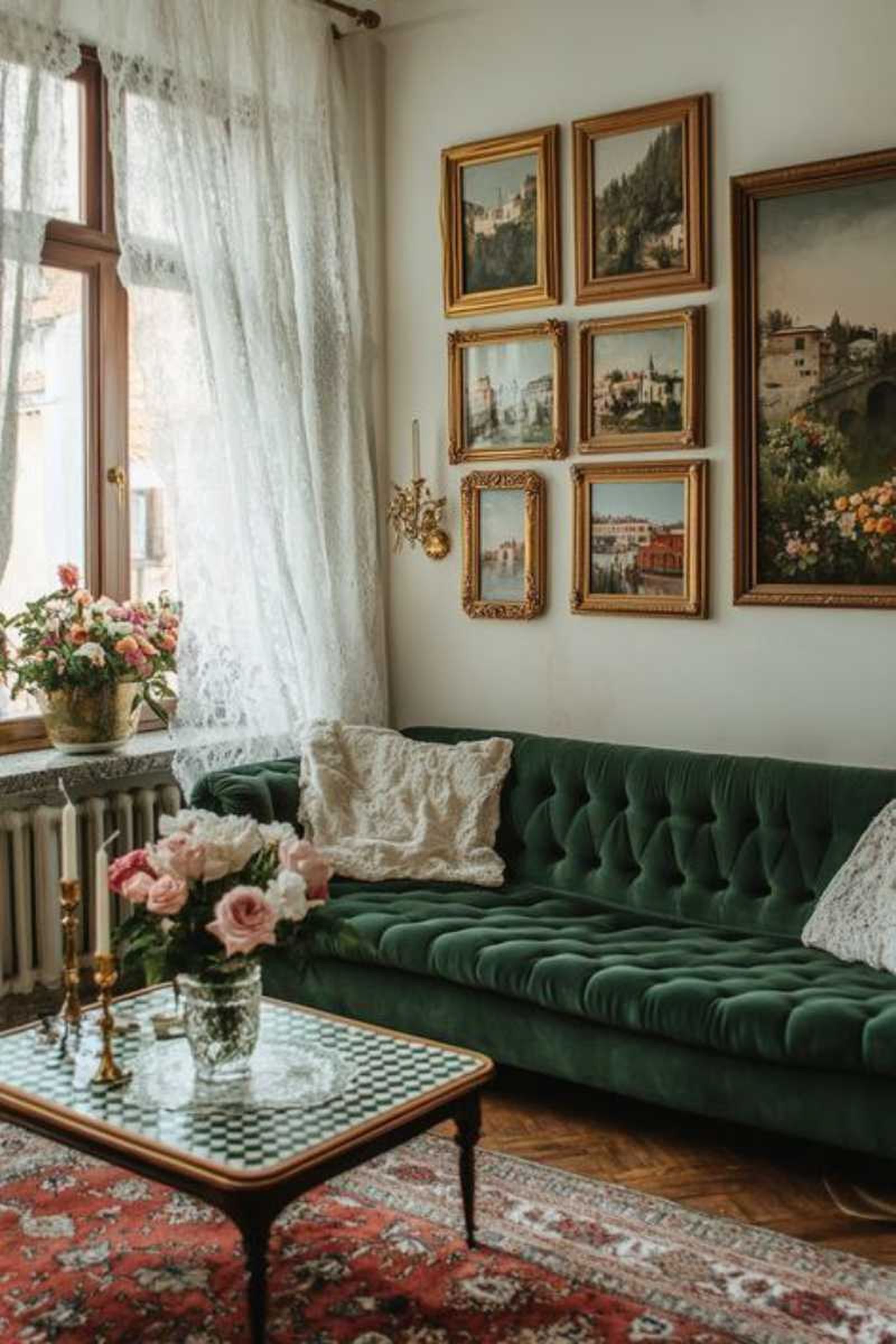 Salón elegante retro glam con sofá verde esmeralda de terciopelo y adornos dorados. Salón elegante retro glam con sofá verde esmeralda de terciopelo y adornos dorados.