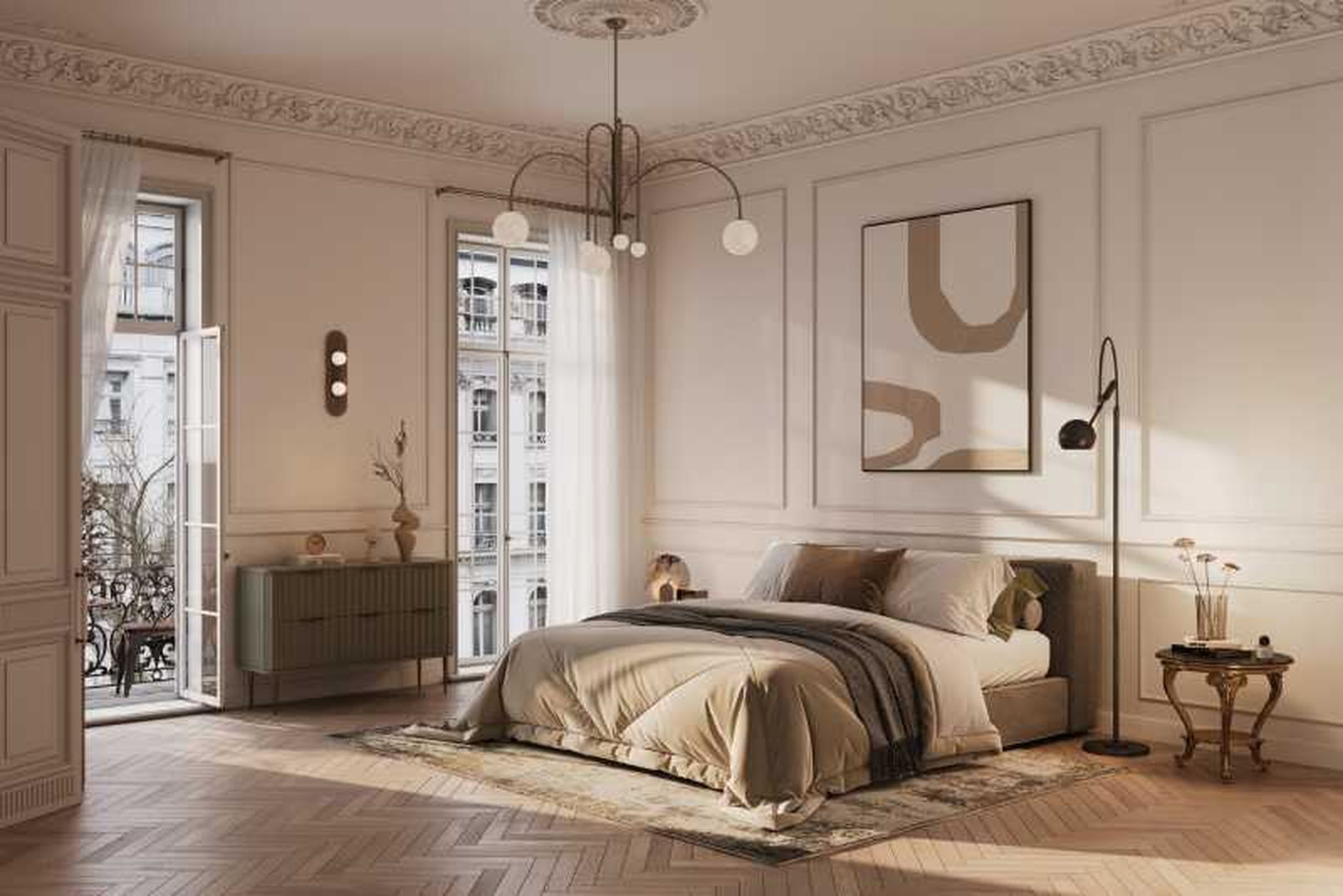 Dormitorio elegante con cómoda antigua.
