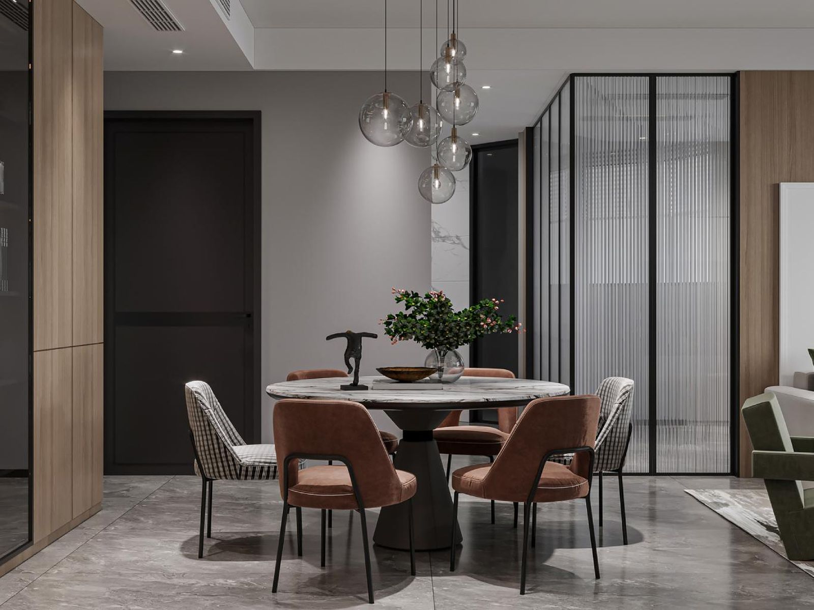 Comedor elegante con mesa redonda.