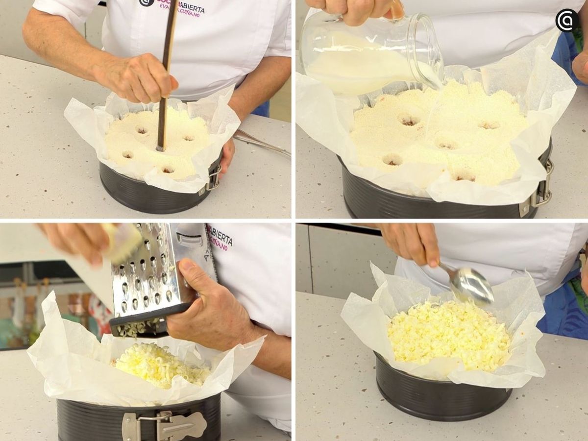 Haz agujeros, vierte la leche y ralla mantequilla sobre el pastel