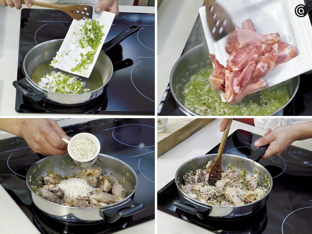 Agrega la verdura, el pollo troceado y el arroz y rehógalo todo junto
