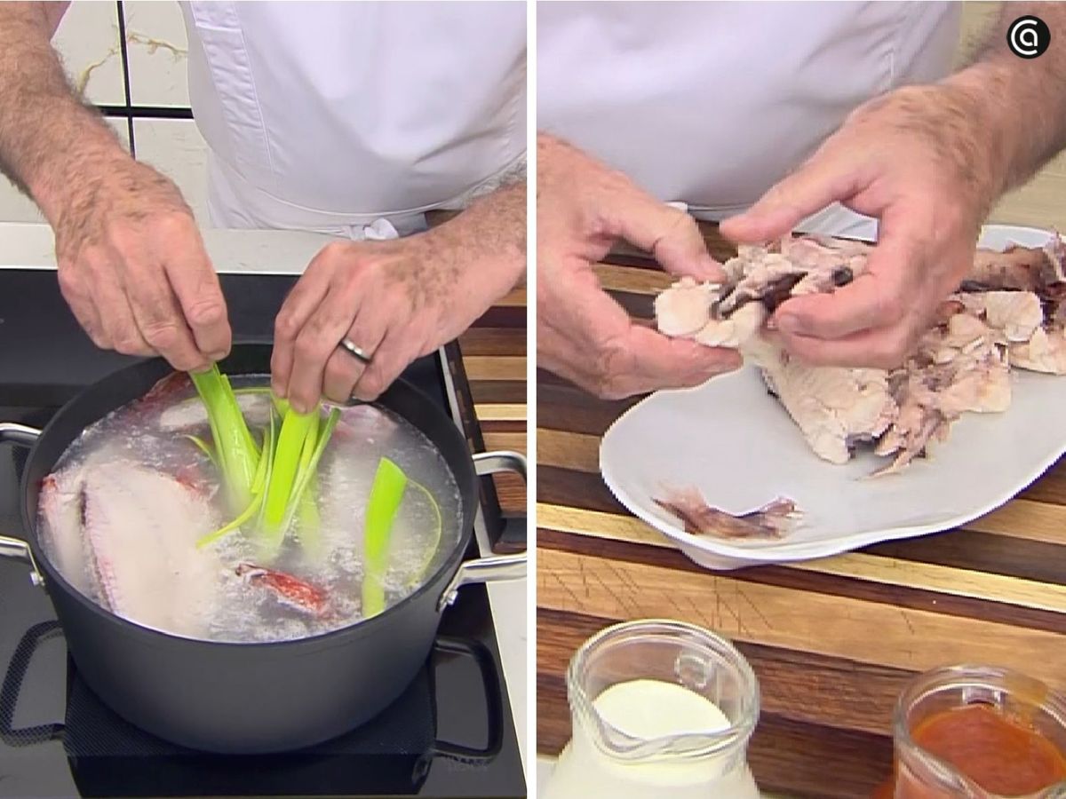 Cuece el pescado junto con los puerros y, una vez cocidos los cabrachos, desmenúzalos