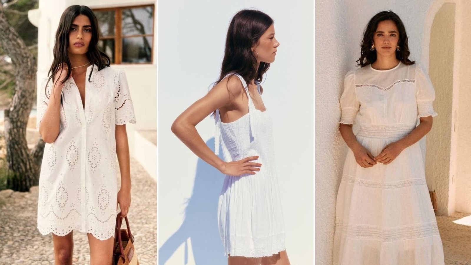 El vestido blanco es un imprescindible de cada verano. / Fotos: Zara, Sezane y Polin et Moi.