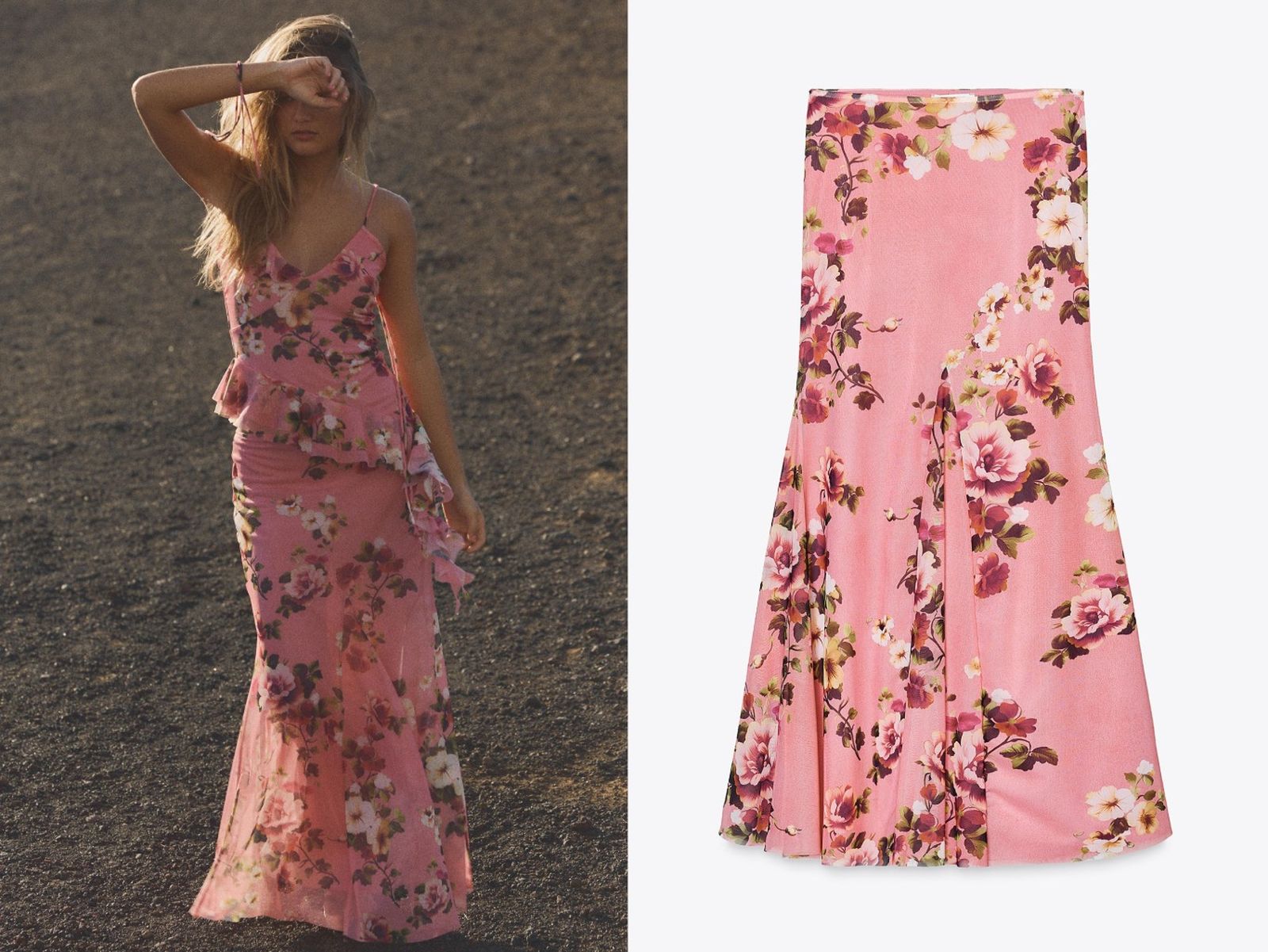 Falda midi de tul rosa con estampado de flores Falda midi de tul rosa con estampado de flores
