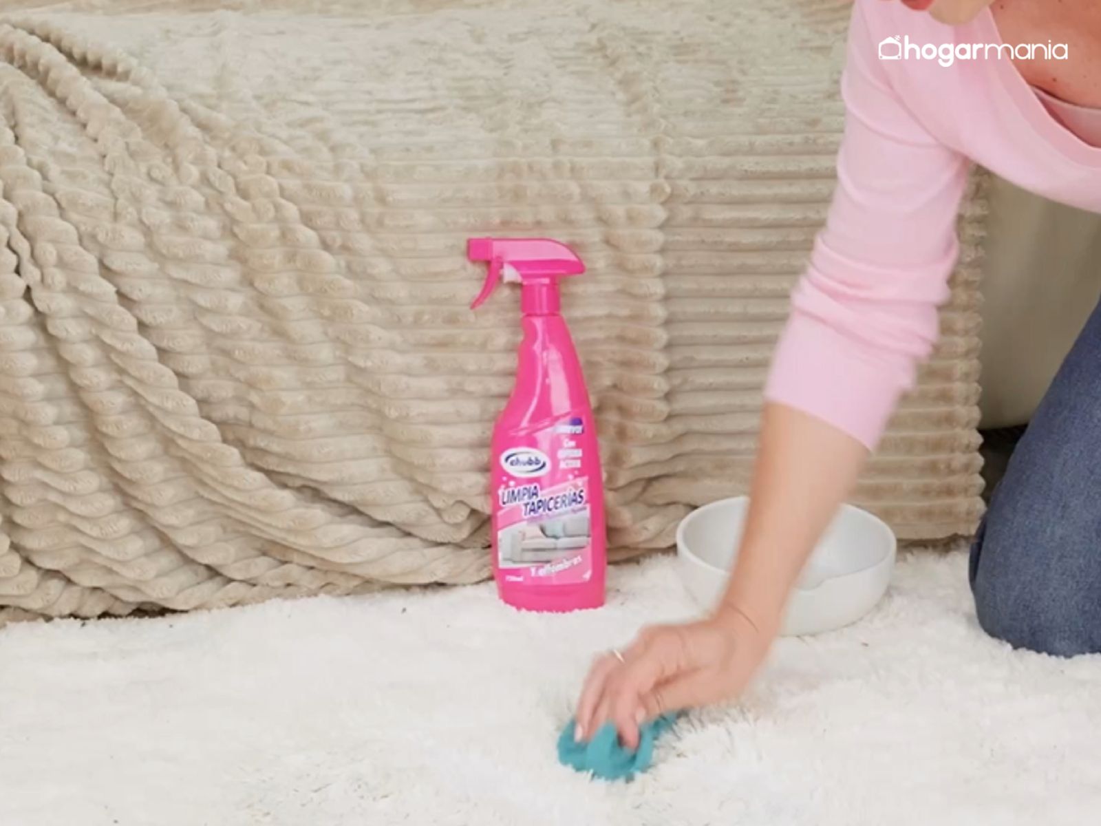 Aplica el producto directamente sobre la alfombra y deja que la espuma actúe unos minutos antes de frotar.