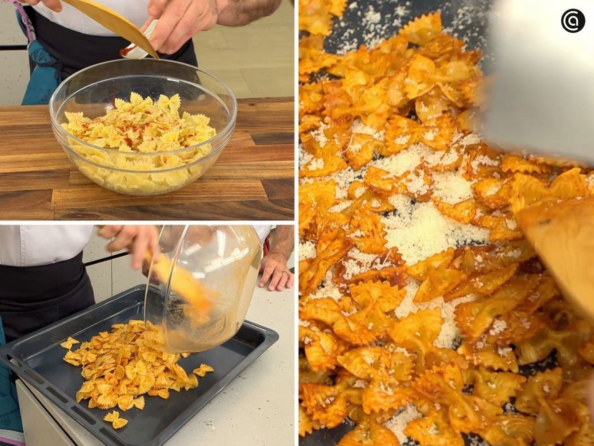 Mezcla la pasta cocida con pimentón, llévala al horno y añade parmesano