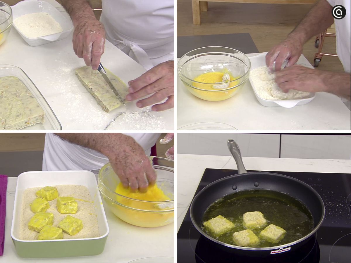 Corta la masa, pásala por harina, huevo y pan rallado y fríe las croquetas