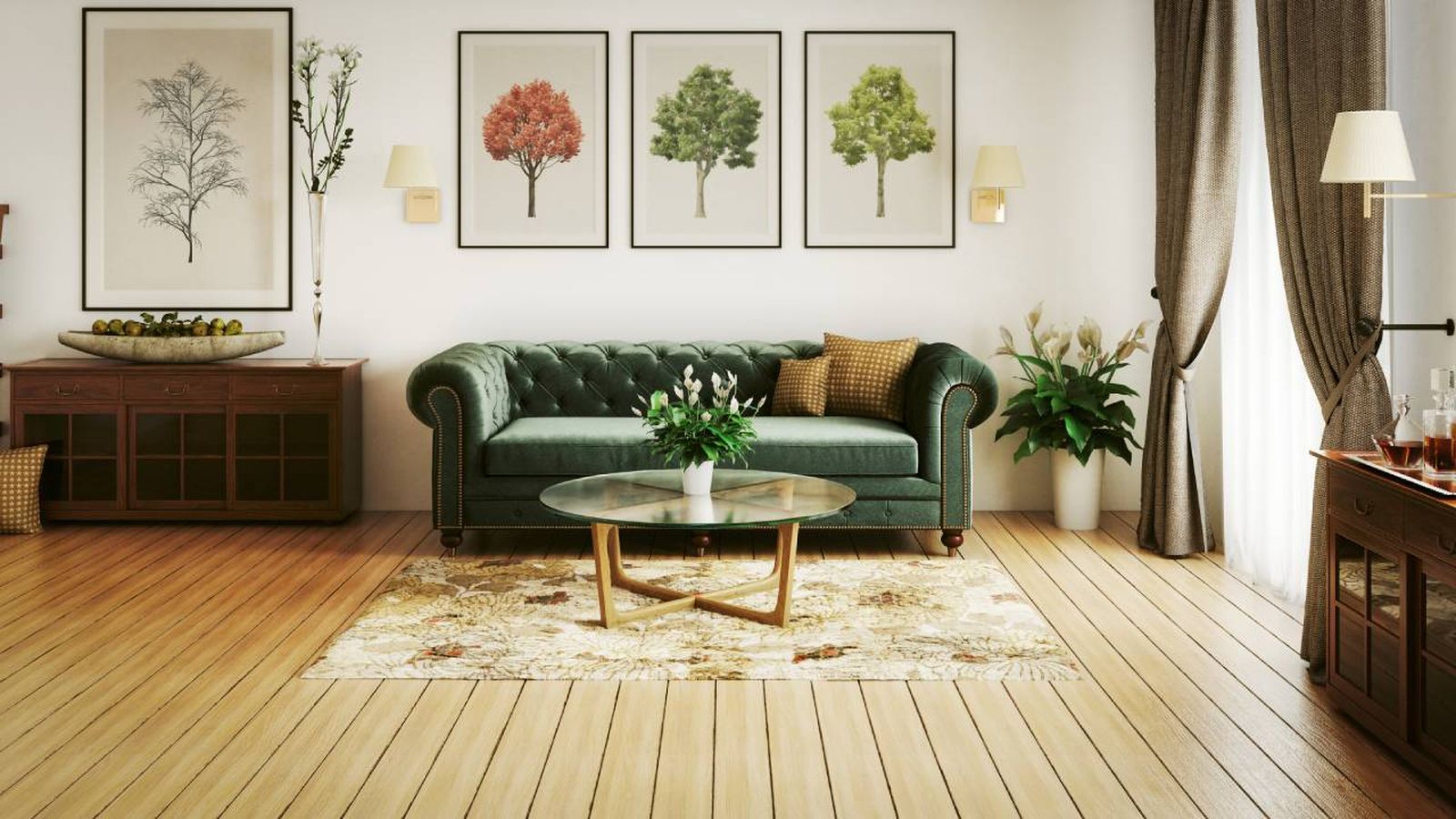 Salón decorado en color verde hoja.