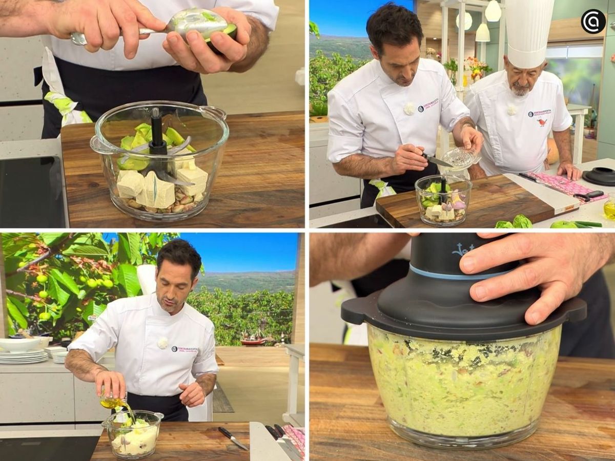 Tritura todos los ingredientes para hacer el pesto de pistacho y tofu