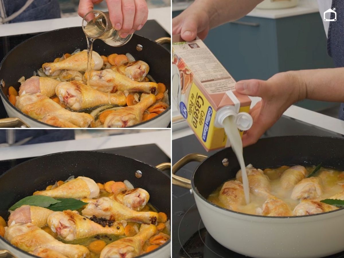 Incorpora el pollo, el laurel y el caldo, y deja cocinar