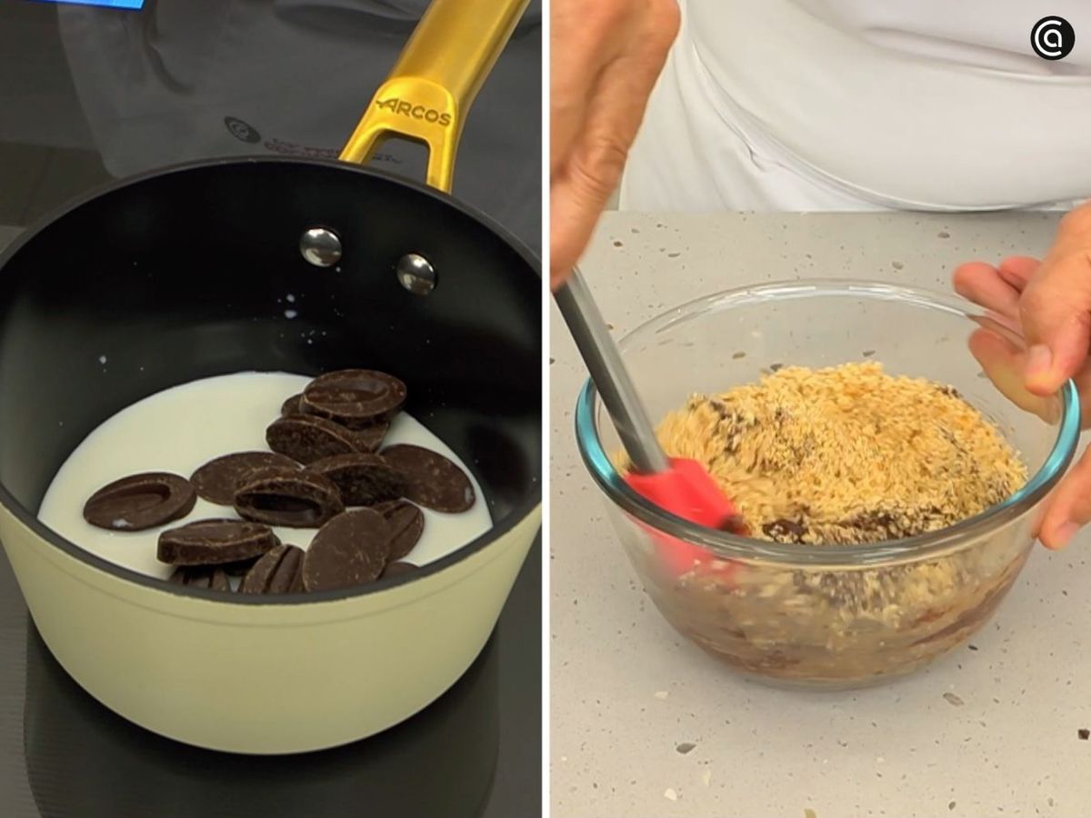 Integra el chocolate fundido con el praliné de avellanas