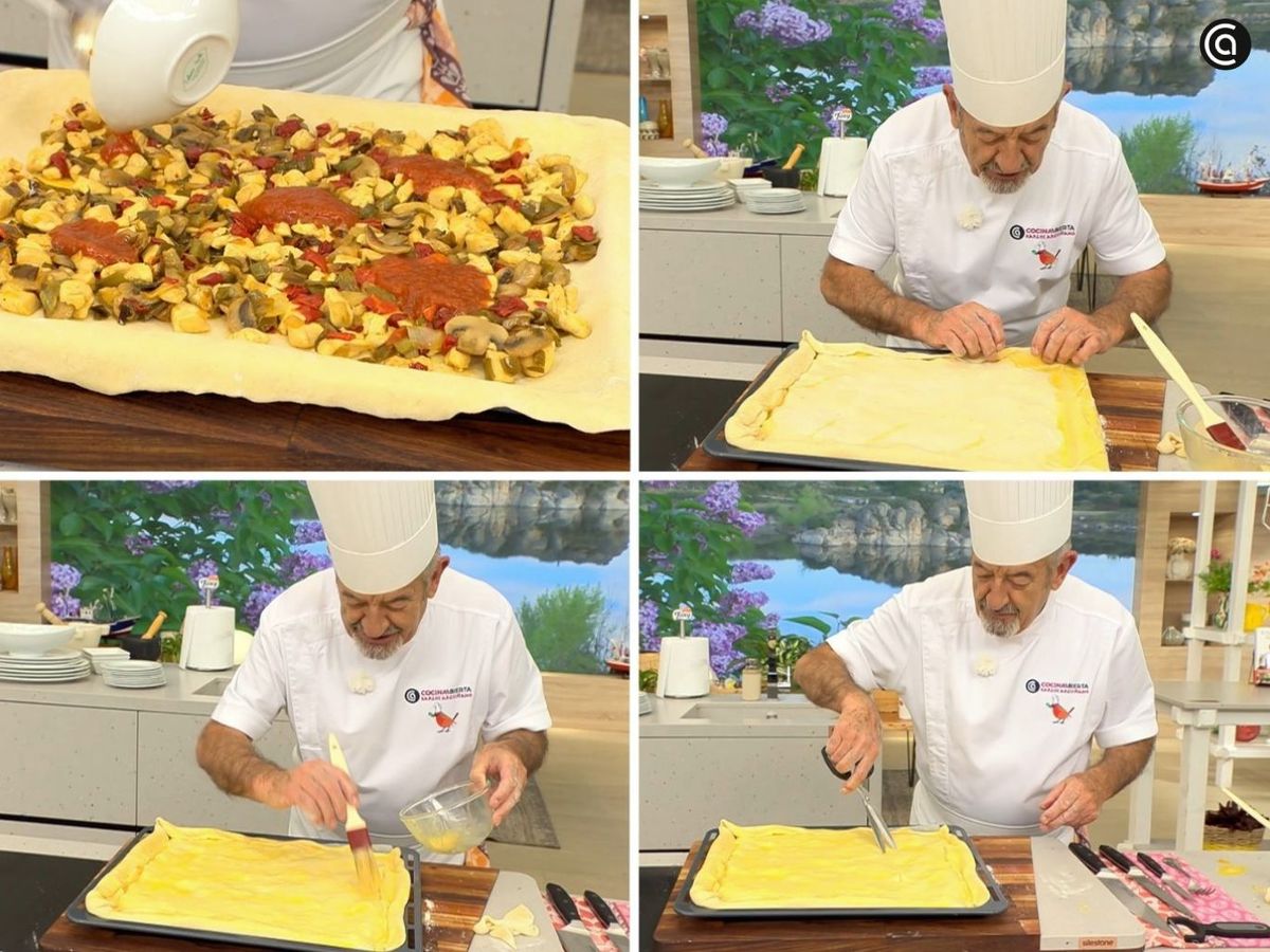 Extiende el relleno sobre la masa, cubre con masa, pinta con huevo batido y hornea la empanada