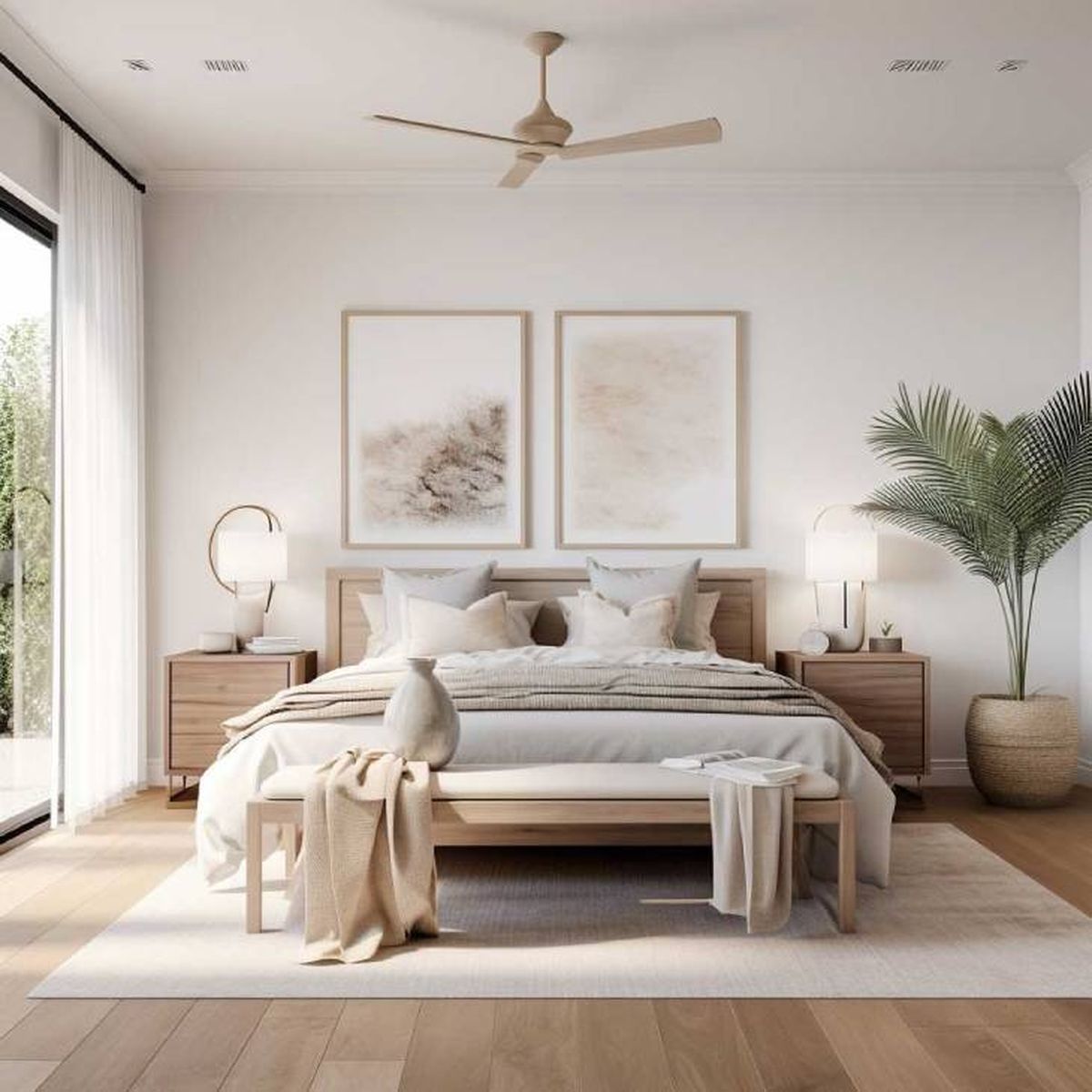 Dormitorio beige con pareja de cuadros.