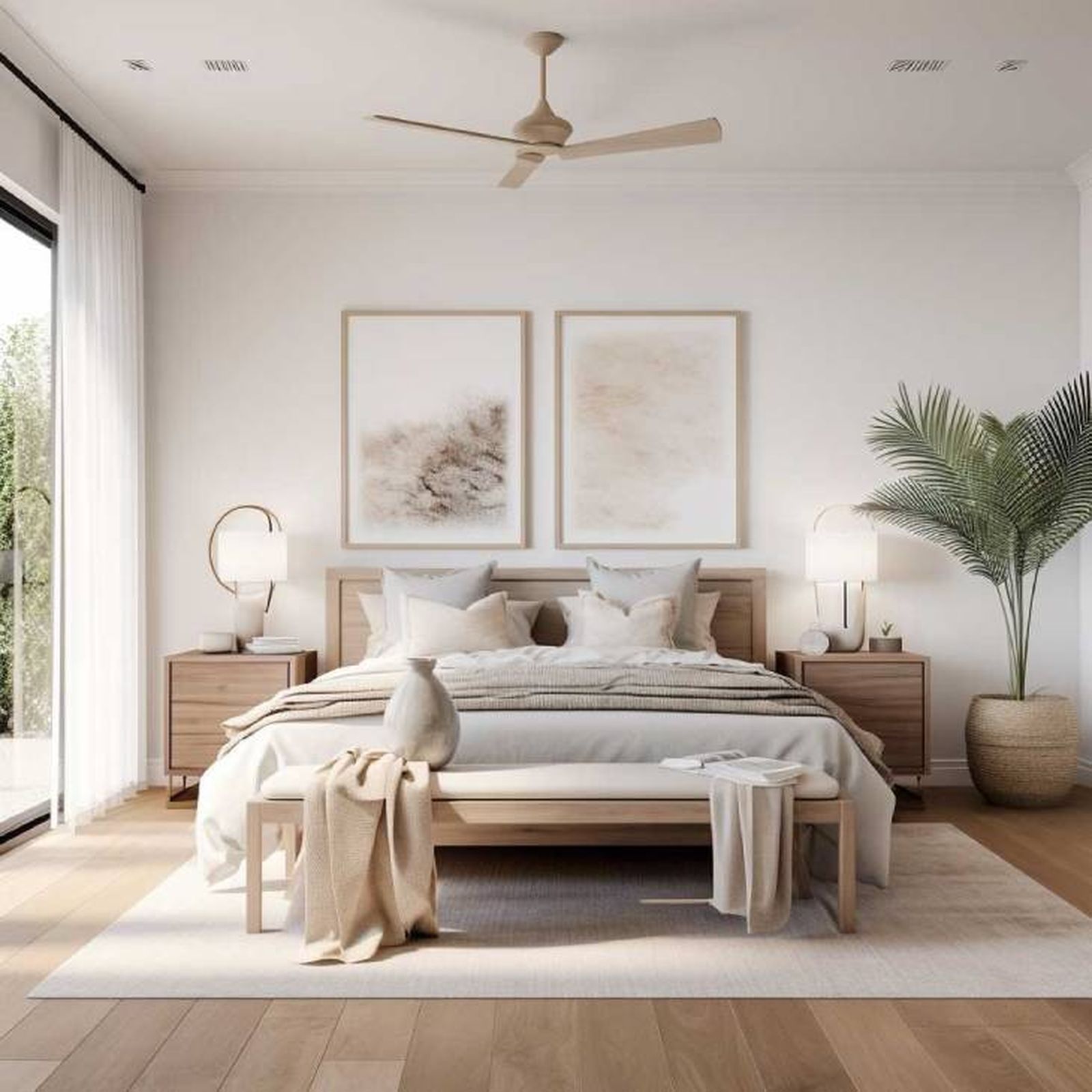 Dormitorio beige con pareja de cuadros. Dormitorio beige con pareja de cuadros.