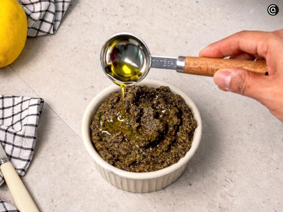 Pon un hilo de aceite sobre el tapenade y úntalo sobre tostadas