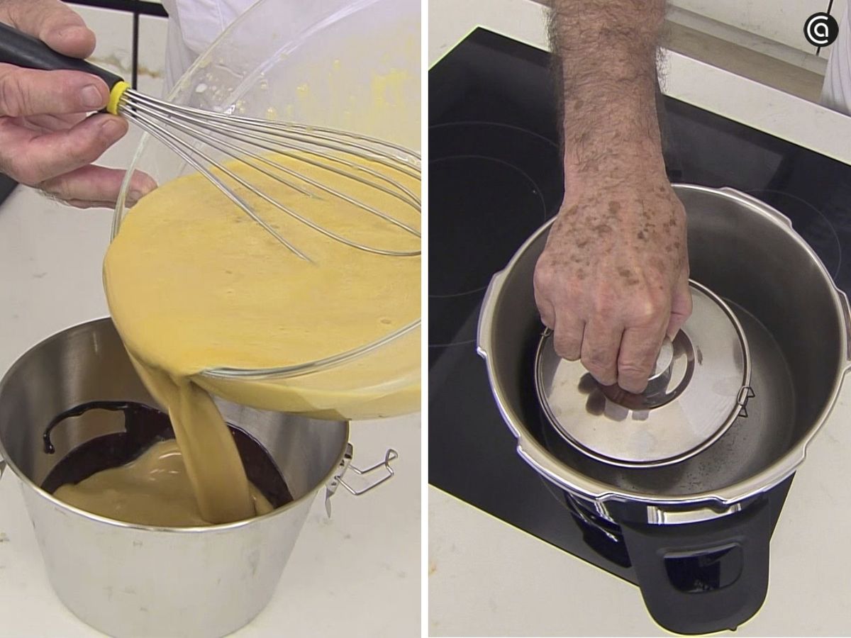 En la flanera con el caramelo ya endurecido, vierte la mezcla y cocínala en la olla exprés al baño María