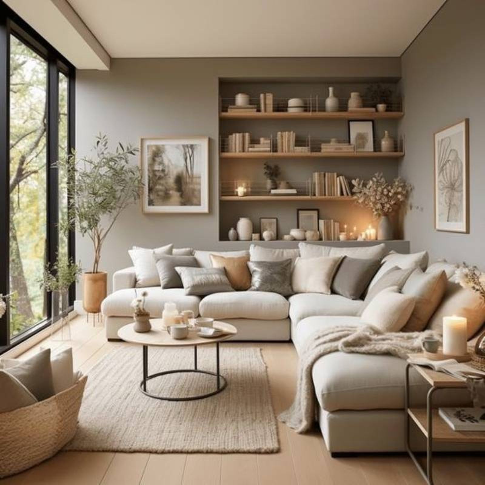 Salón en tonos claros decorado con tejidos otoñales y complementos naturales. Salón en tonos claros decorado con tejidos otoñales y complementos naturales.