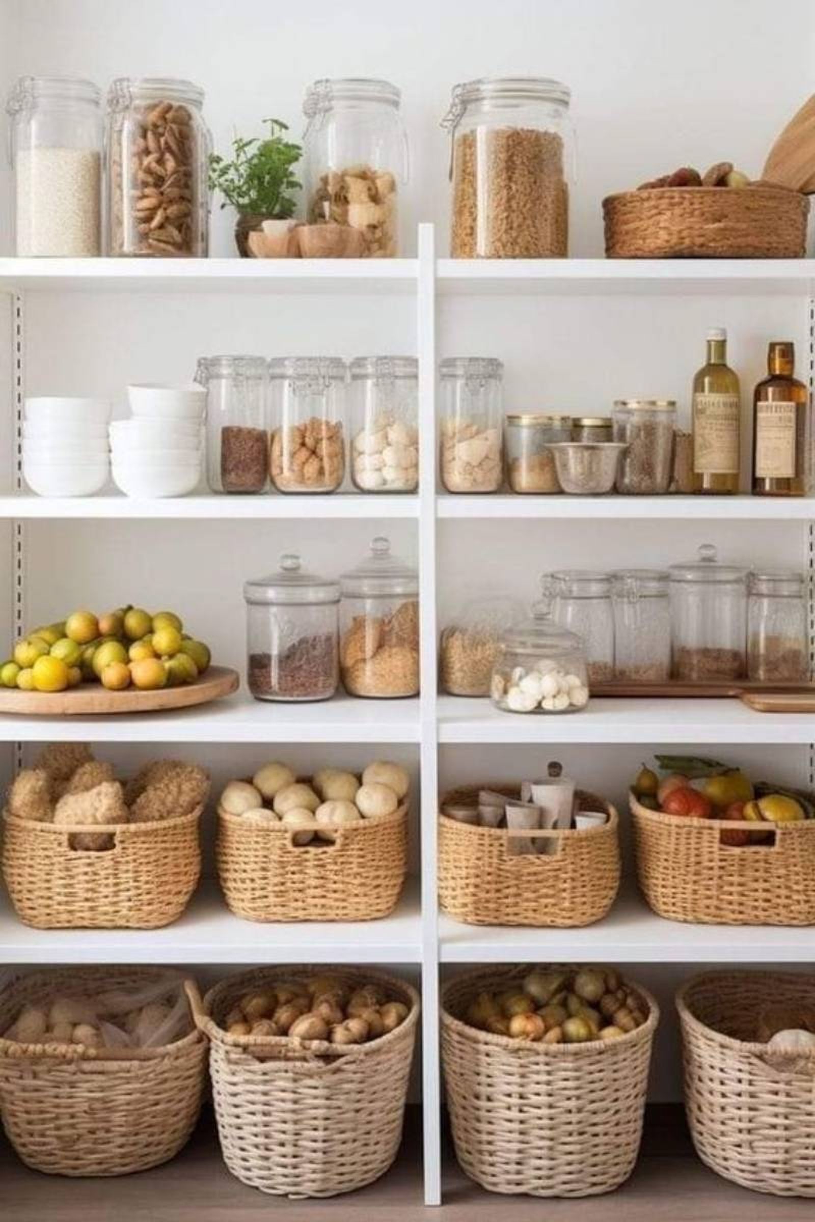 Estantería con cestas para guardar alimentos. Estantería con cestas para guardar alimentos.