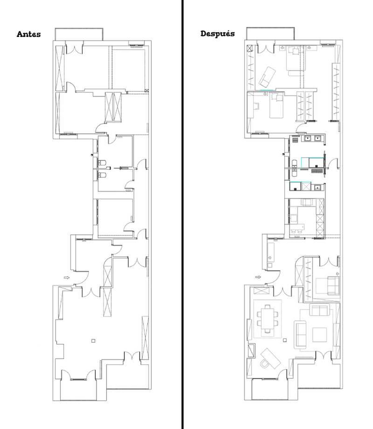 Planos del antes y después de la reforma del piso de Bilbao. / Fuente: Nuria García