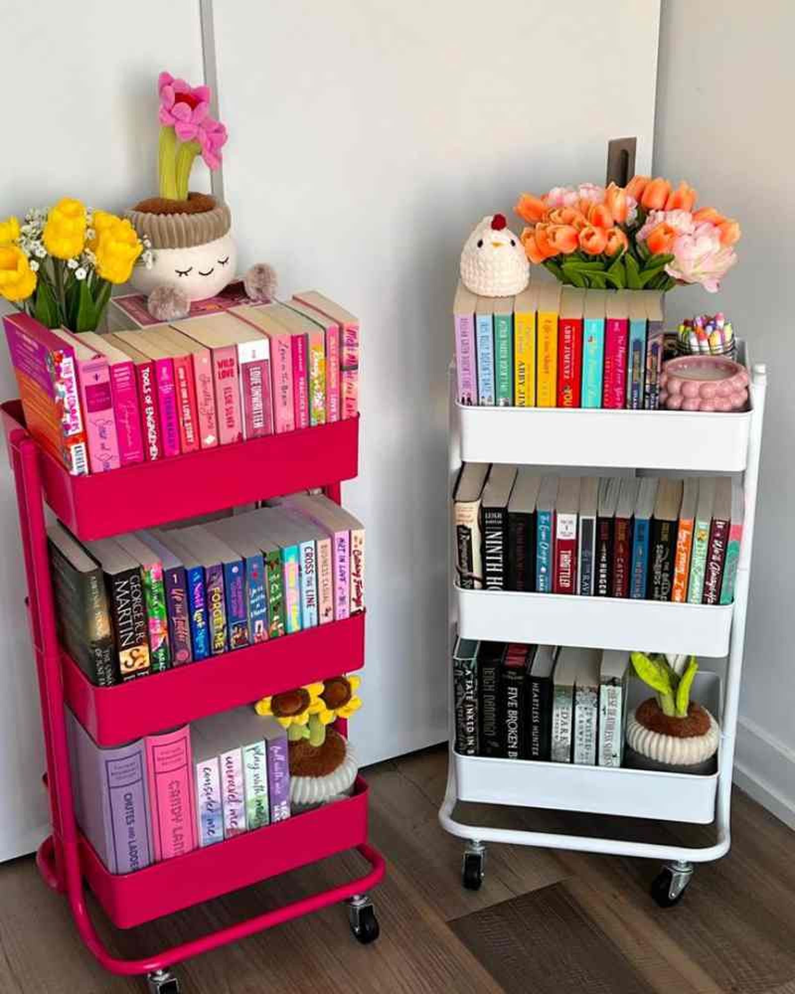 Libros organizados en estanterías con ruedas Libros organizados en estanterías con ruedas