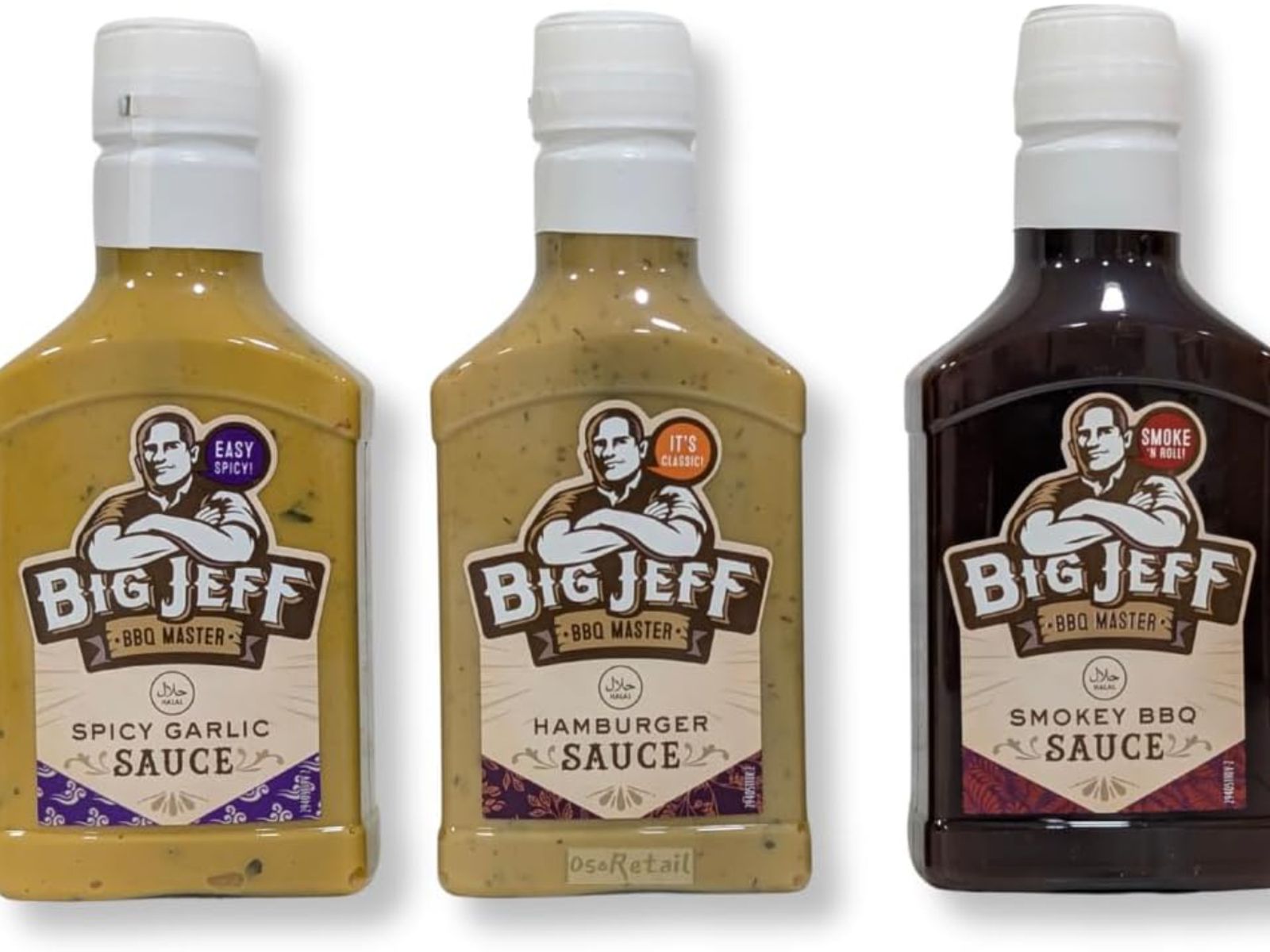 ack de salsas barbacoa Big Jeff: Spicy Garlic, Hamburger y Smokey BBQ para todos los gustos.