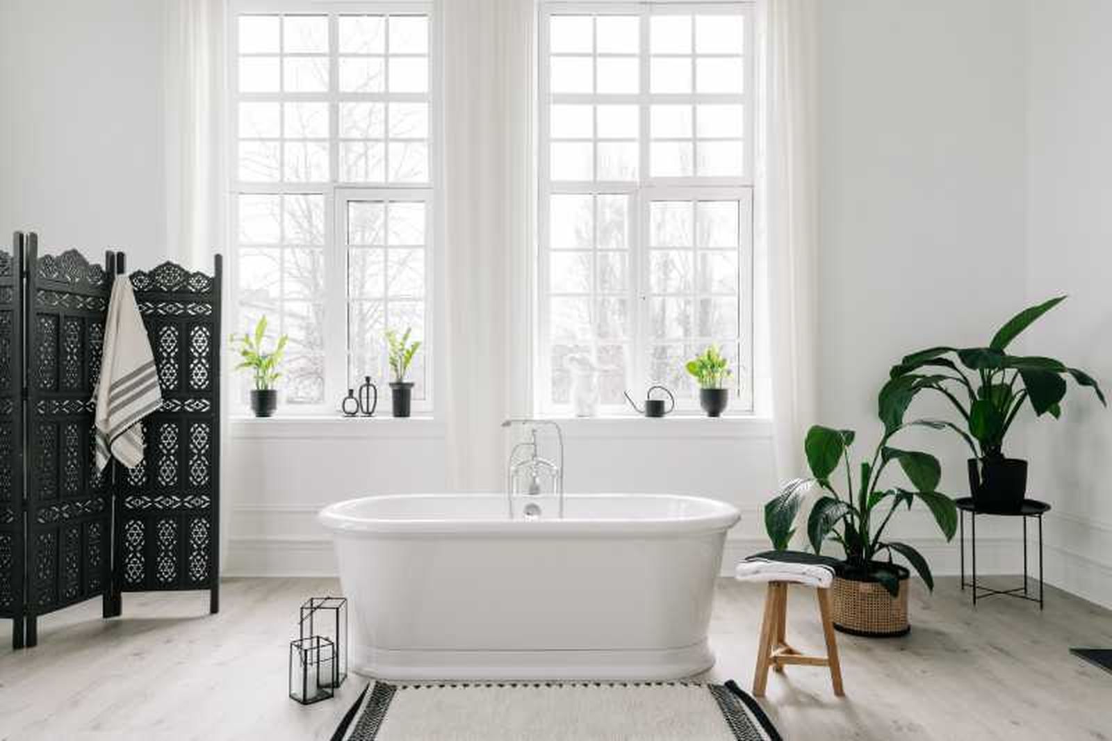 Baño elegante con bañera y plantas. Baño elegante con bañera y plantas.