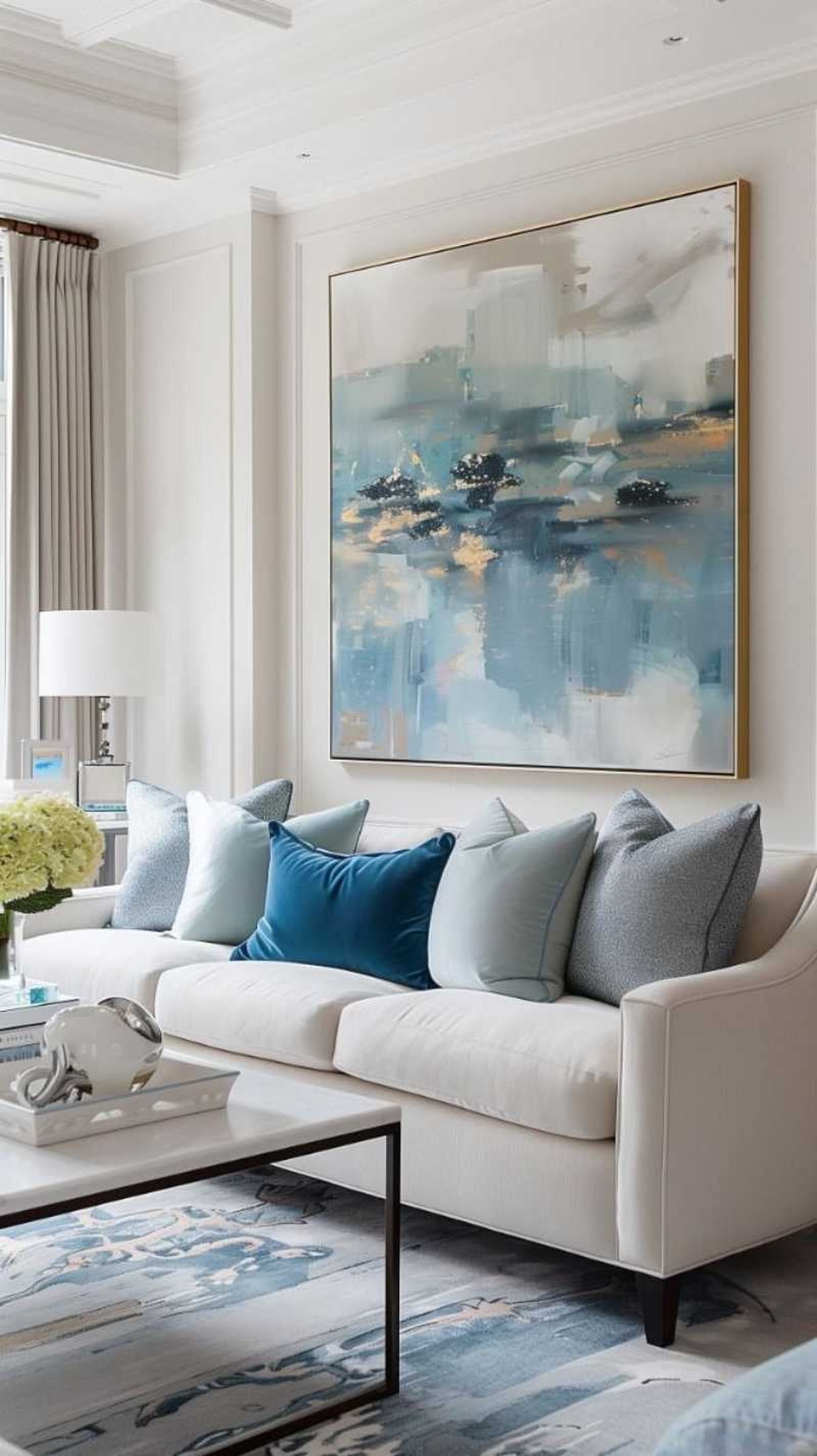 Salón con cuadro XXL en tonos azules.