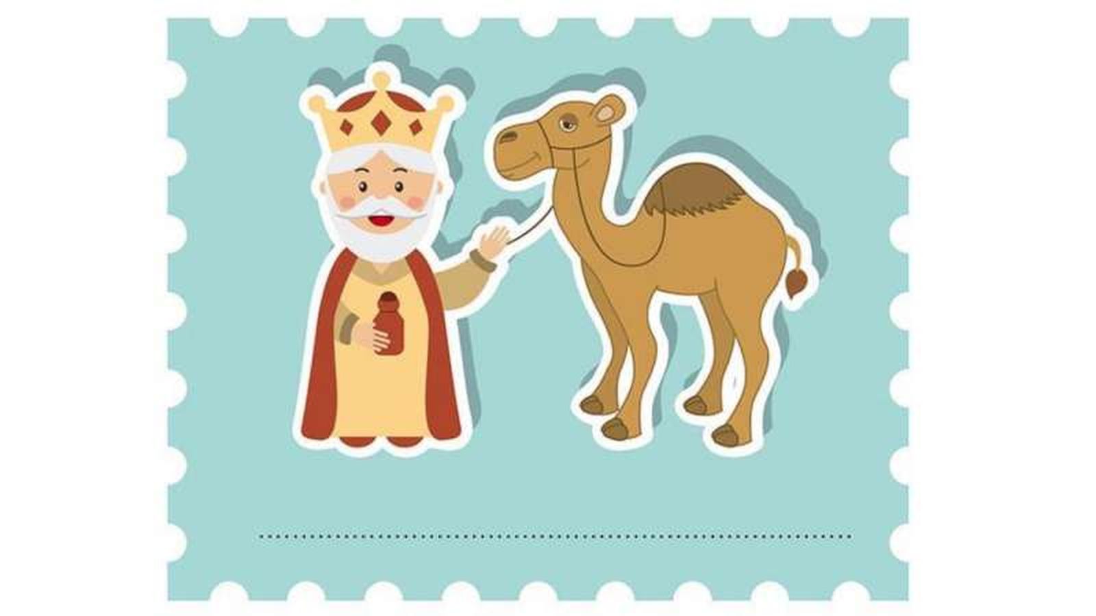 Etiqueta del Rey Melchor con camello para personalizar los regalos de Reyes.