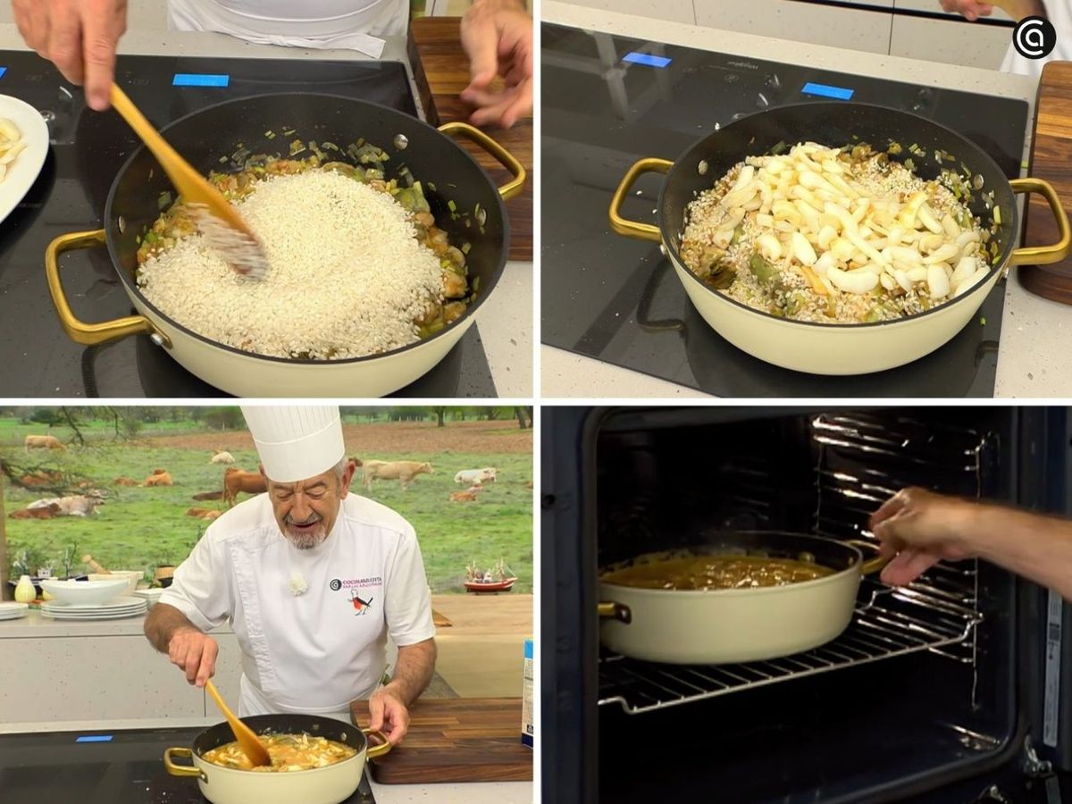 Añade el arroz y la sepia, cocina y luego lleva la cazuela al horno