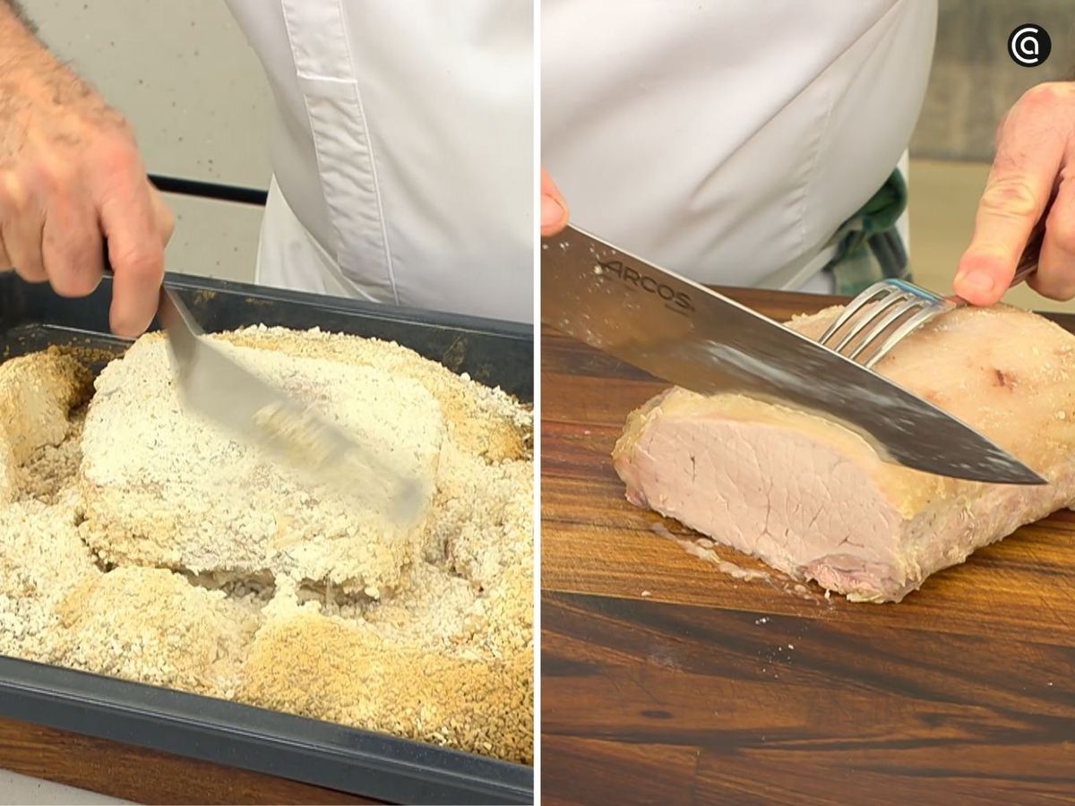 Retira la sal endurecida y corta el lomo en filetes