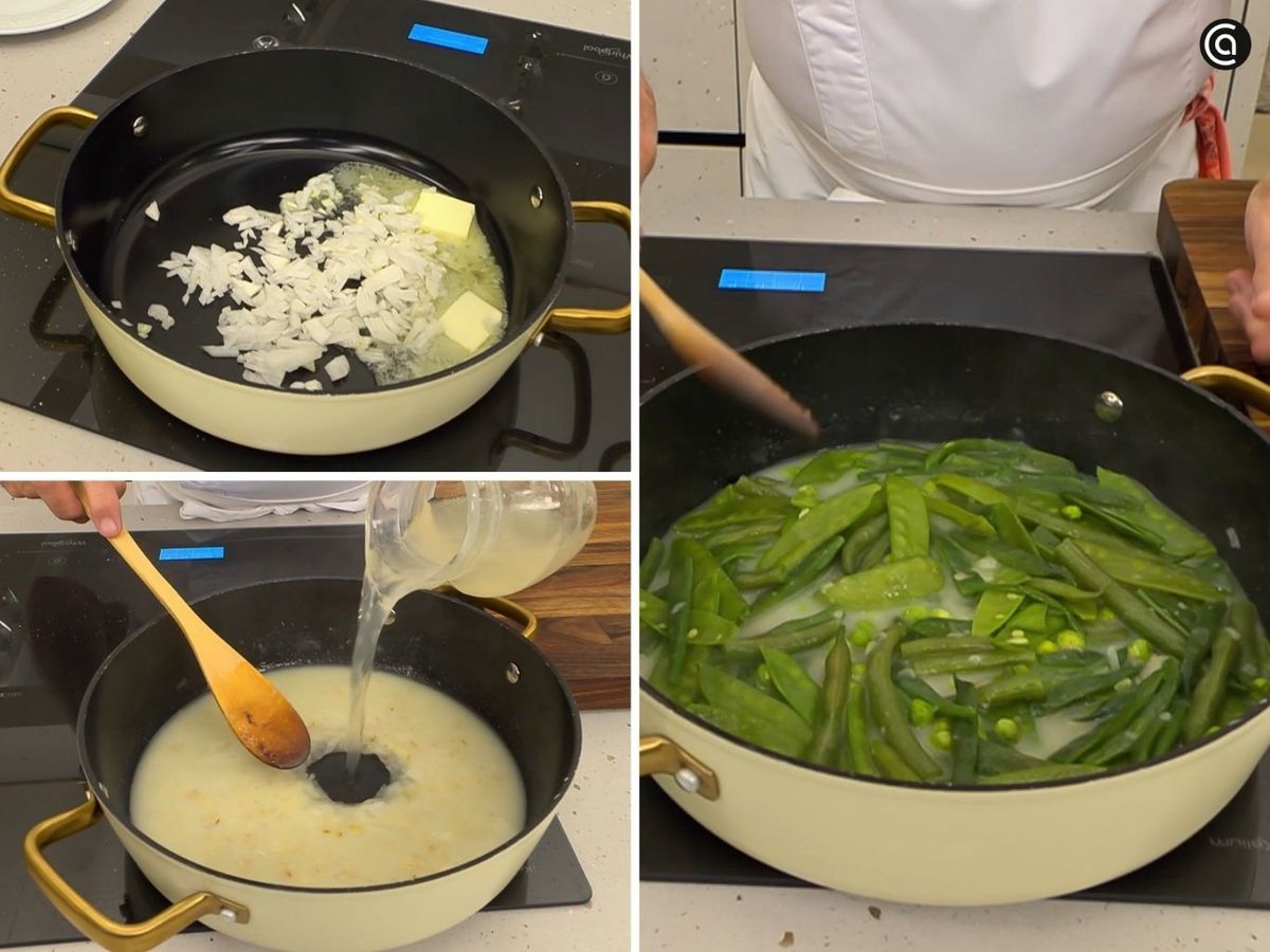Pocha la cebolleta, prepara una velouté e incorpora las verduras