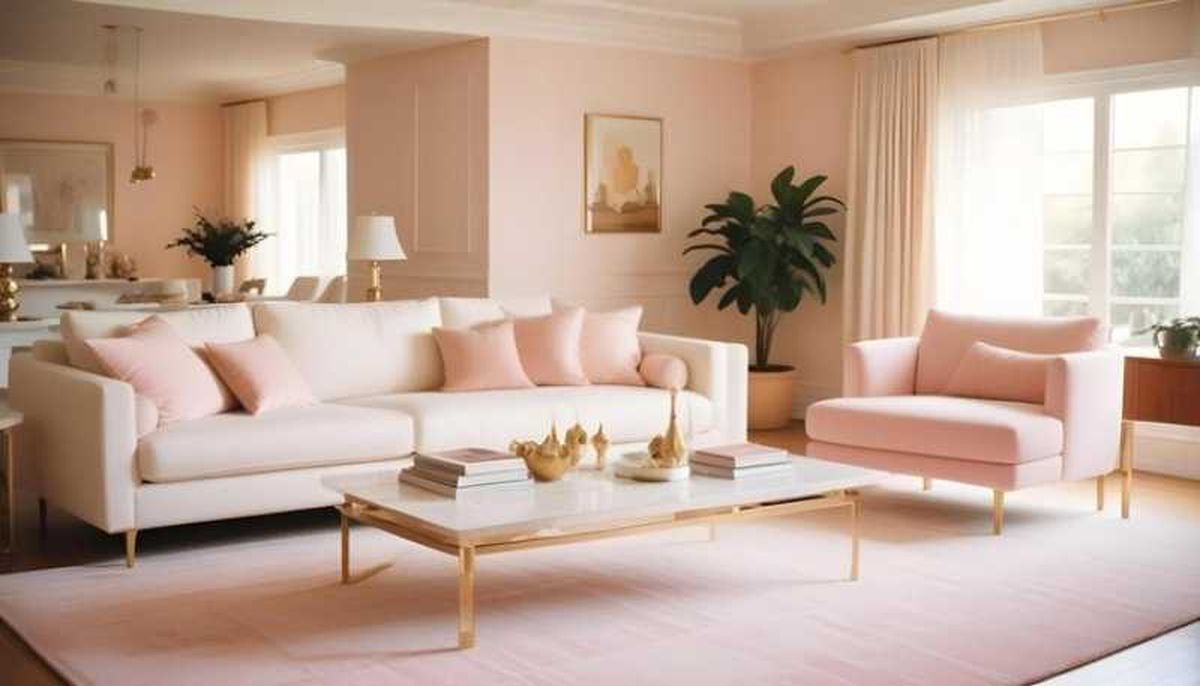 Salón decorado en rosa pastel.