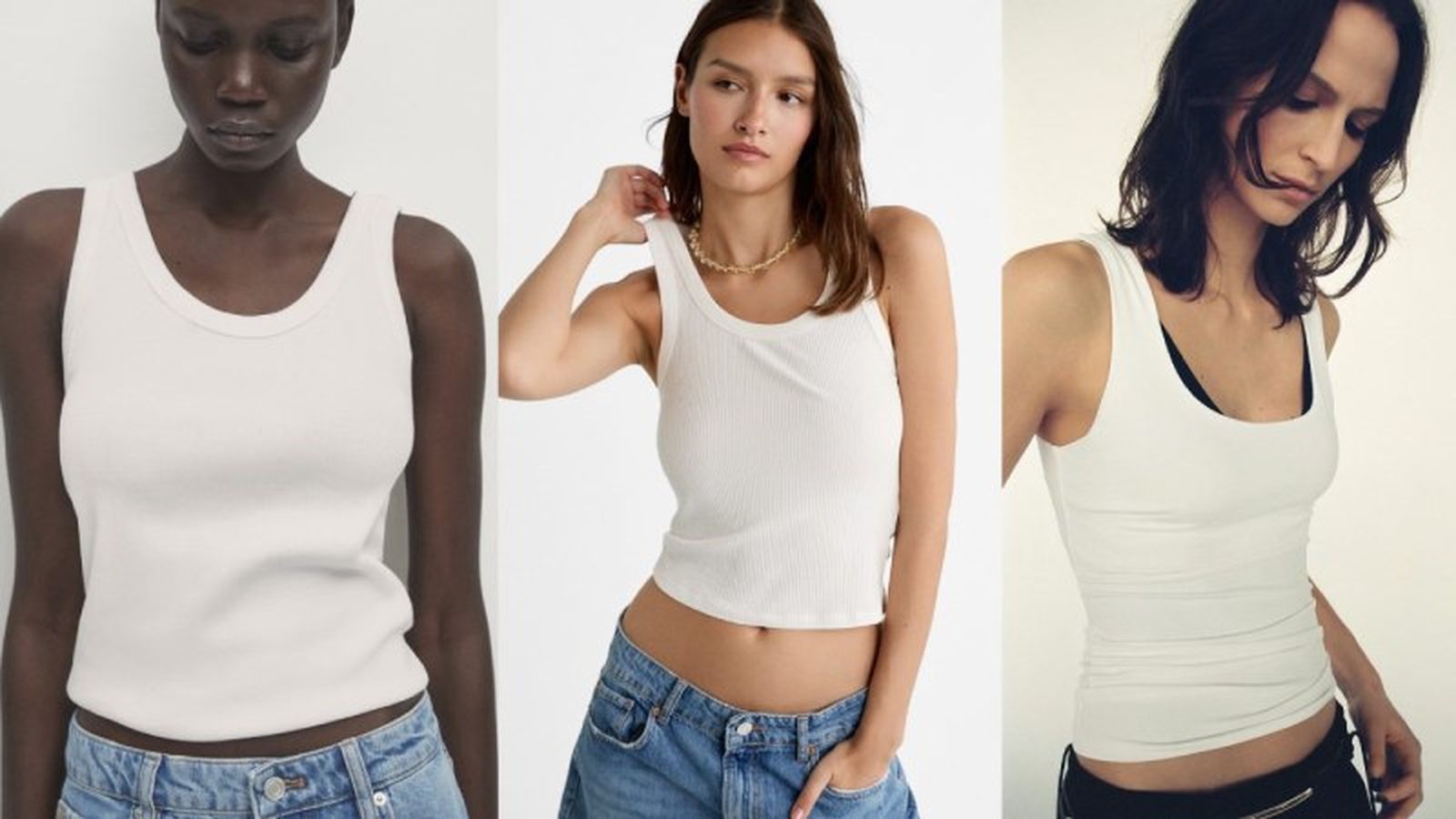 Camiseta básica blanca de tirantes / Fotos: Massimo Dutti, Stradivarius y ZARA