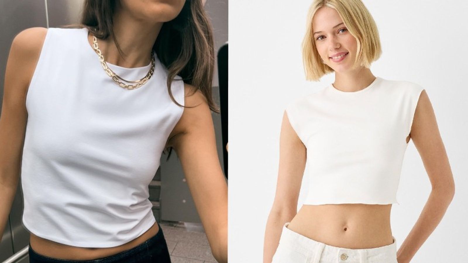 Camiseta básica blanca sin mangas / Fotos: ZARA y Bershka