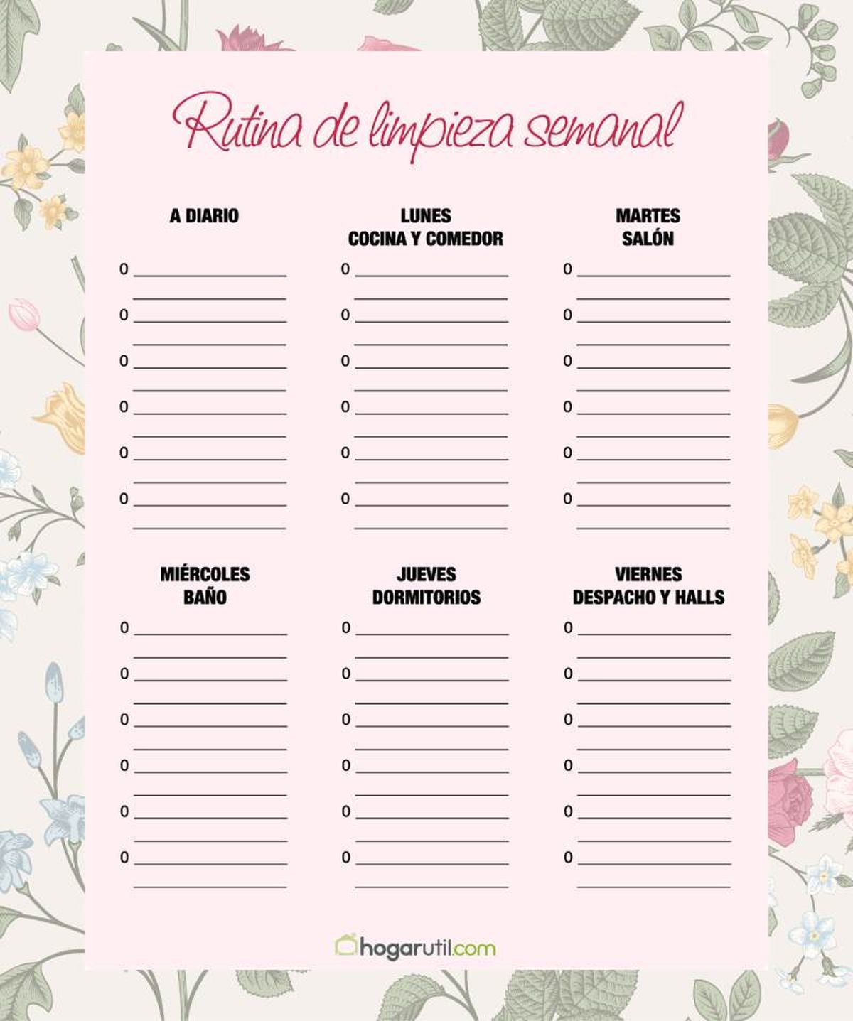 Plantilla para crear tu propia rutina de limpieza semanal