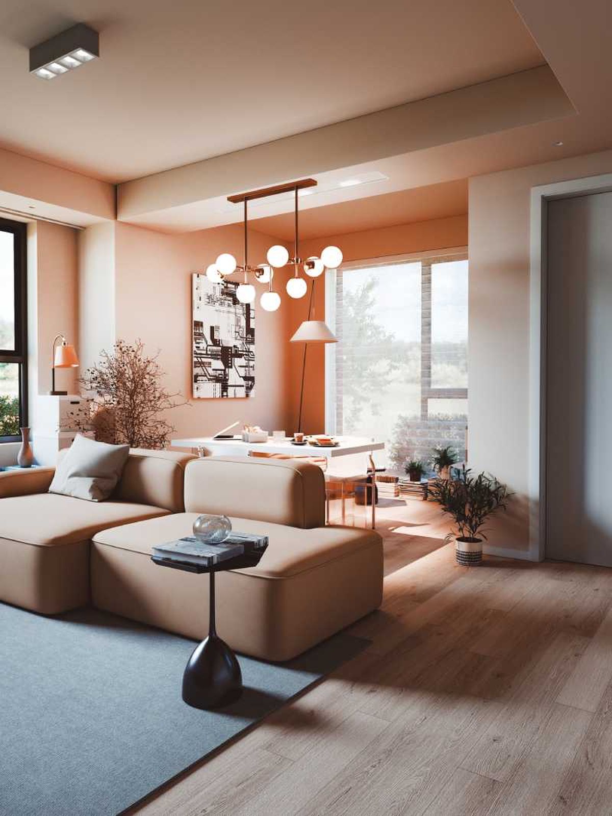 Salón con decoración vertical en techo y paredes.