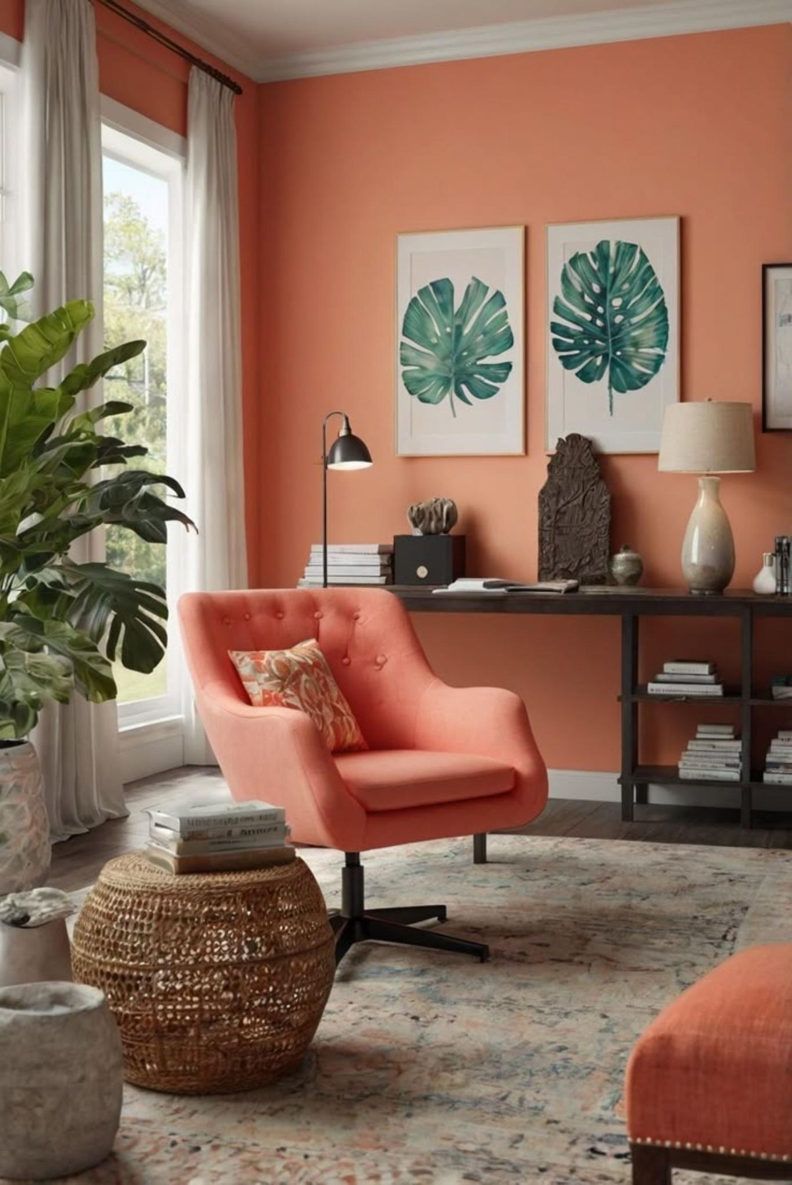 Salón con decoración en color coral. Salón con decoración en color coral.