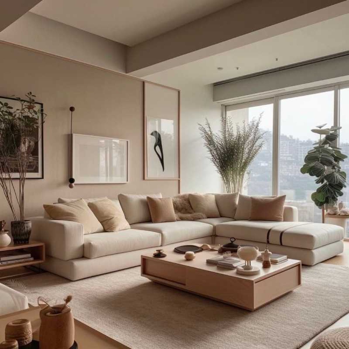 Salón elegante decorado en beige claro.