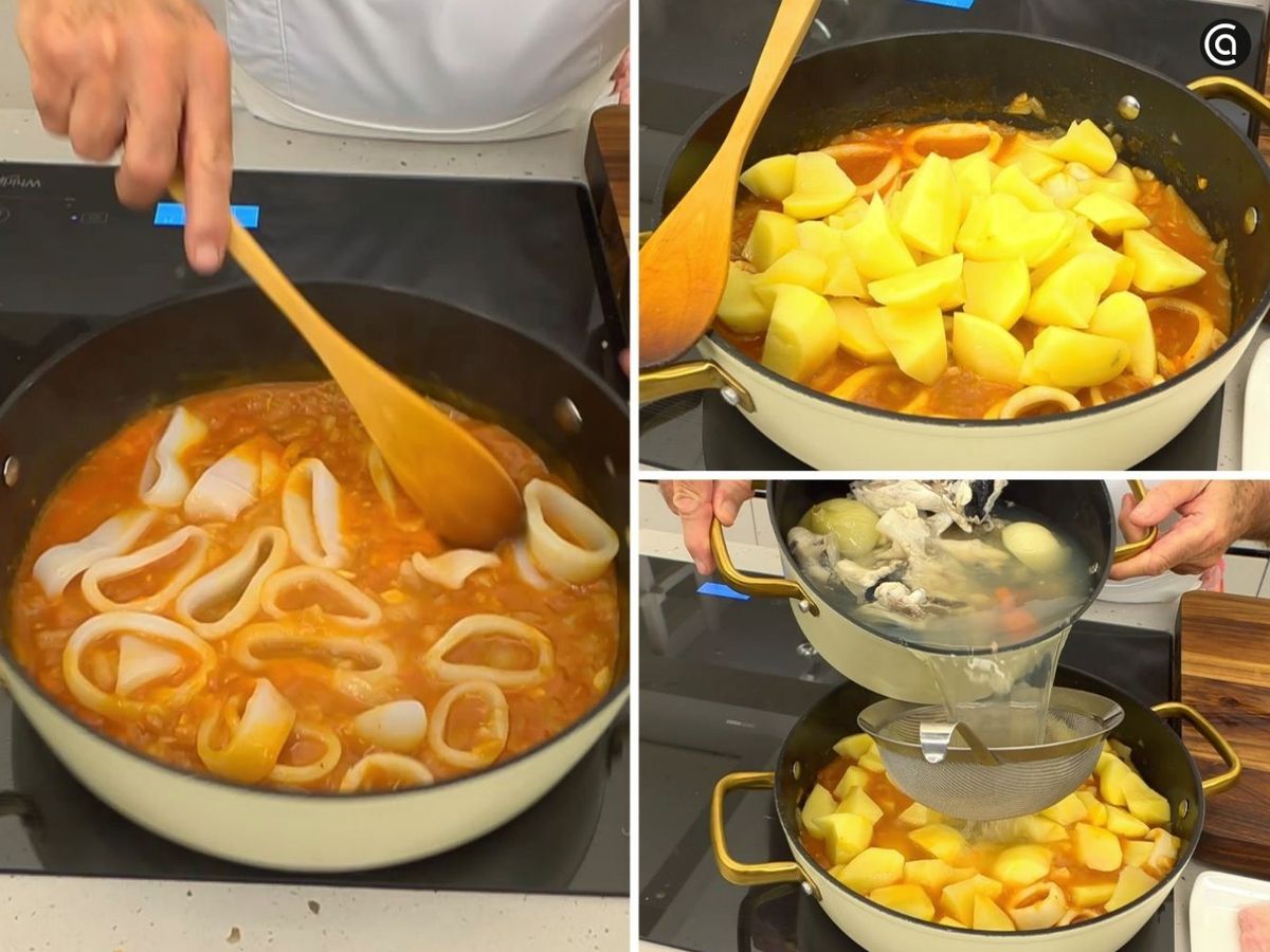 Incorpora los calamares, las patatas y el caldo, y deja cocinar