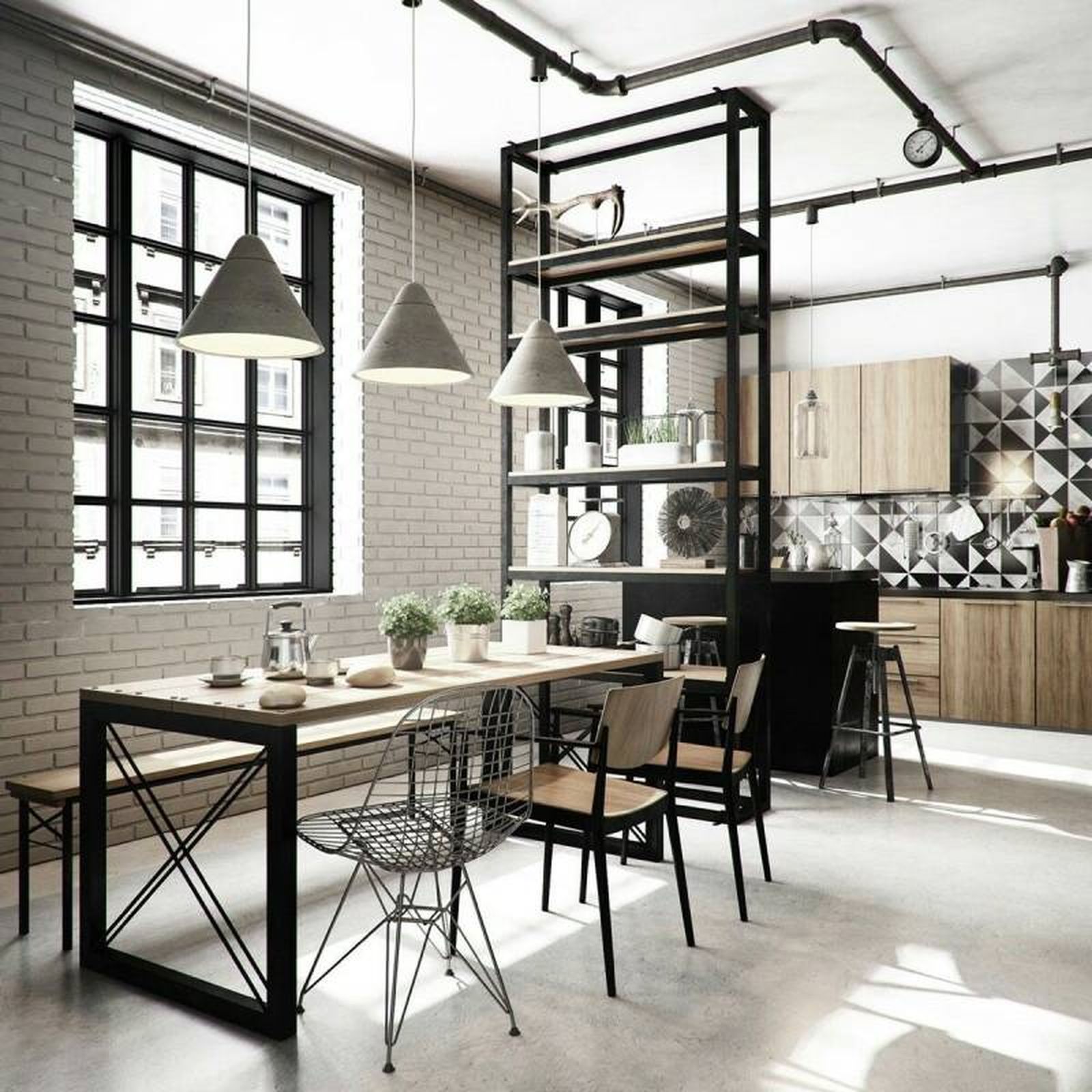 Cocina abierta al comedor moderna de estilo industrial. Cocina abierta al comedor moderna de estilo industrial.