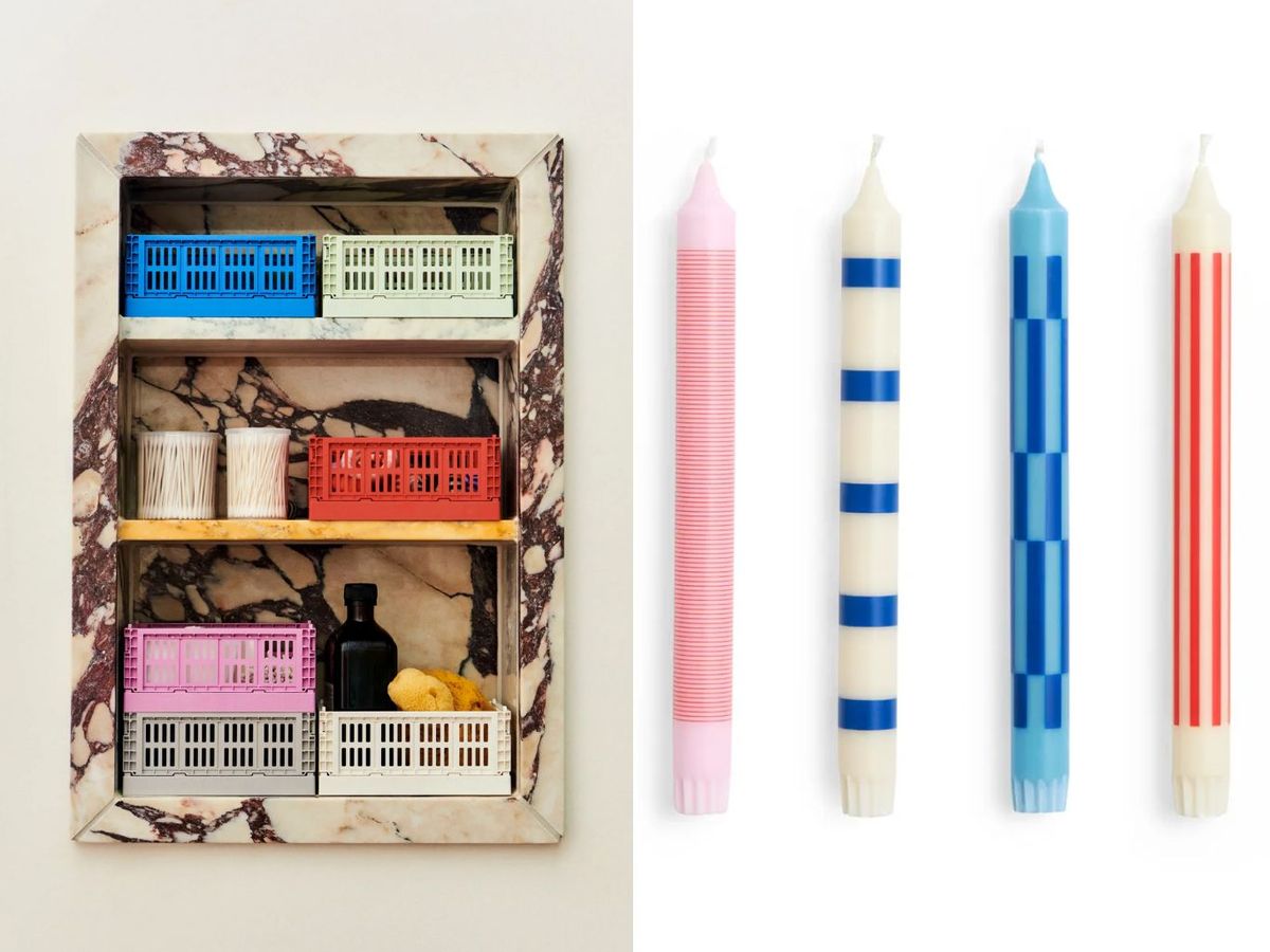 De izq. a drcha.: HAY Colour Crate Mini 2-pack y velas Pattern 4-pack. / Fotos: nordicnest.es
