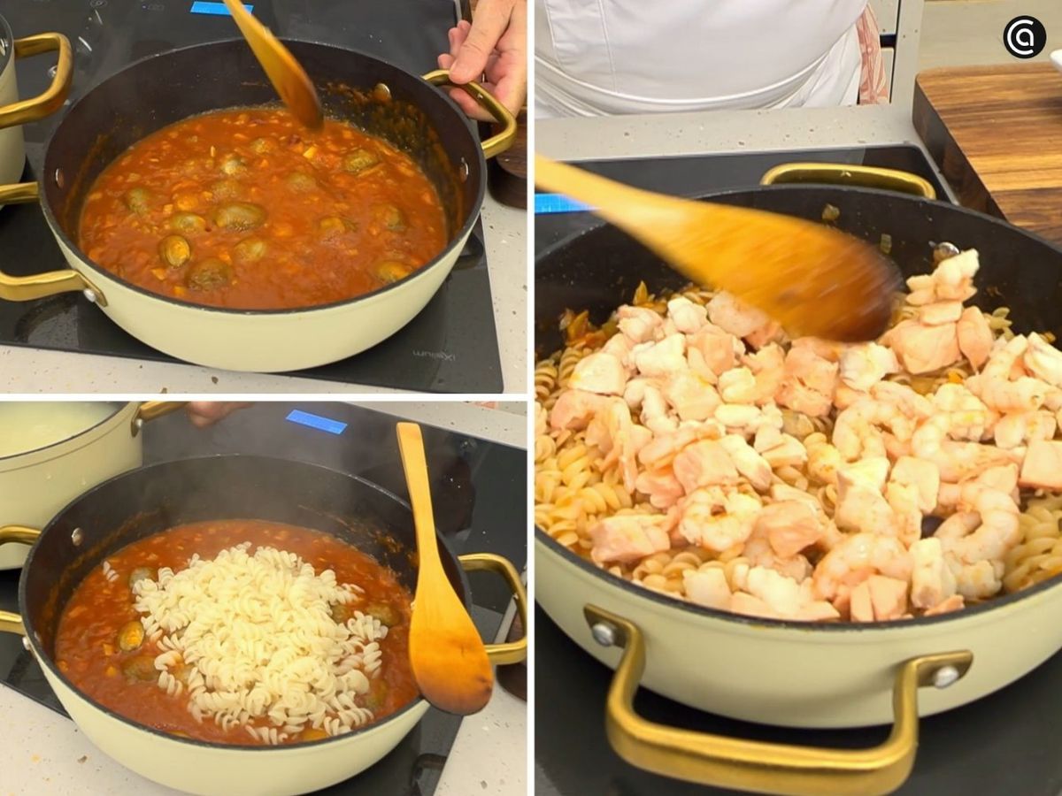 Cocina las almejas junto con la pasta y el pescado