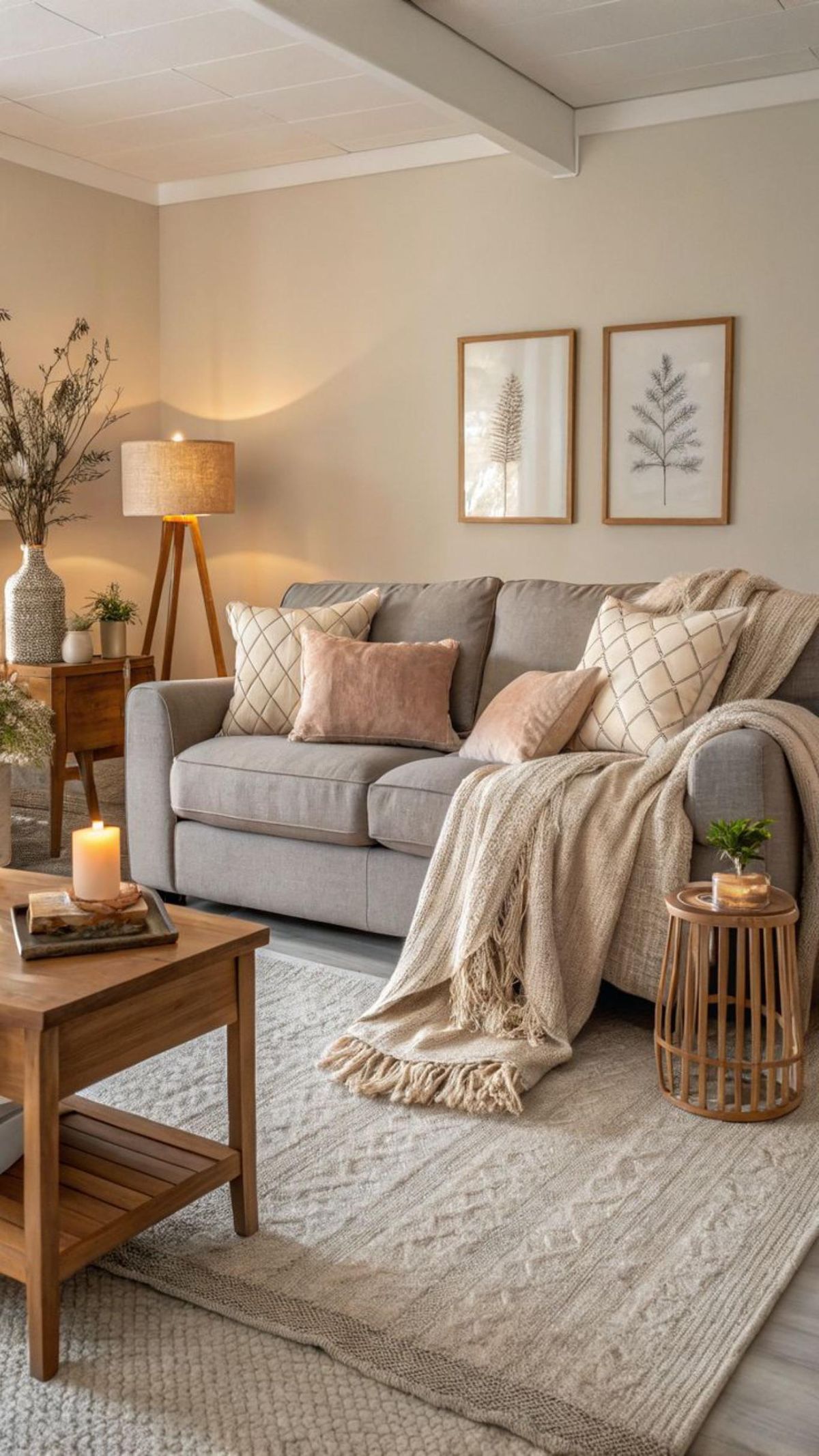 Salón acogedor con sofás suaves en colores cálidos.