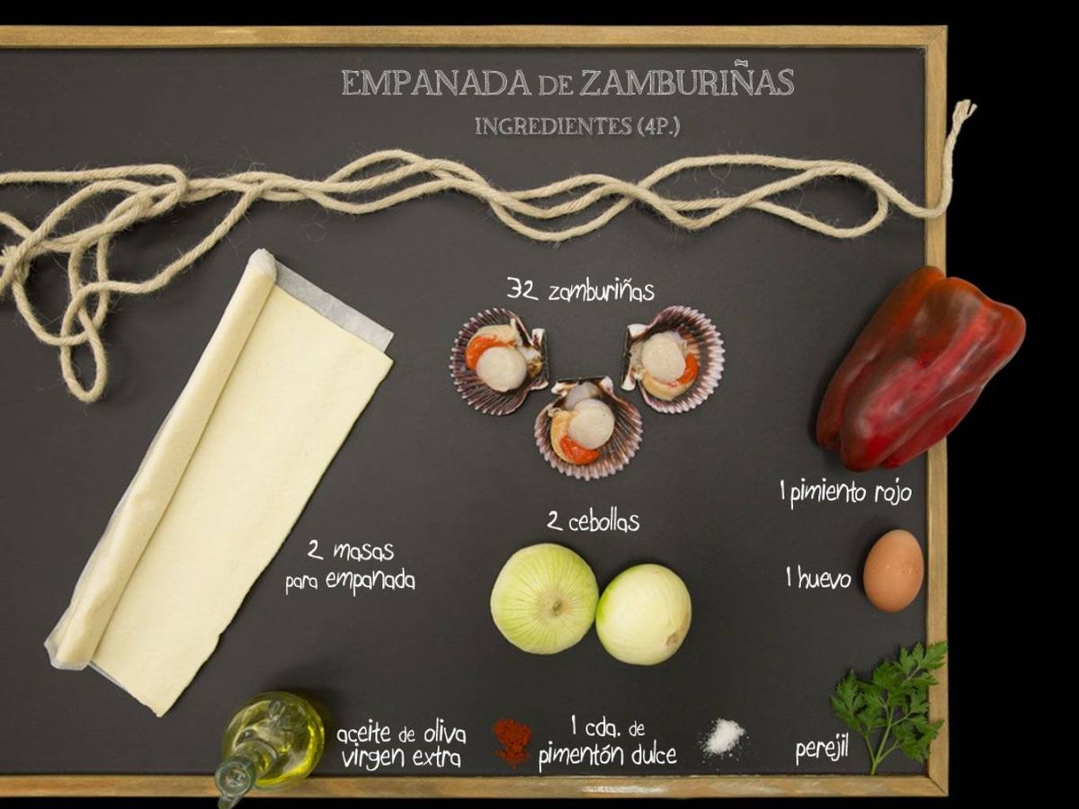 Ingredientes para preparar una empanada de zamburiñas tradicional.
