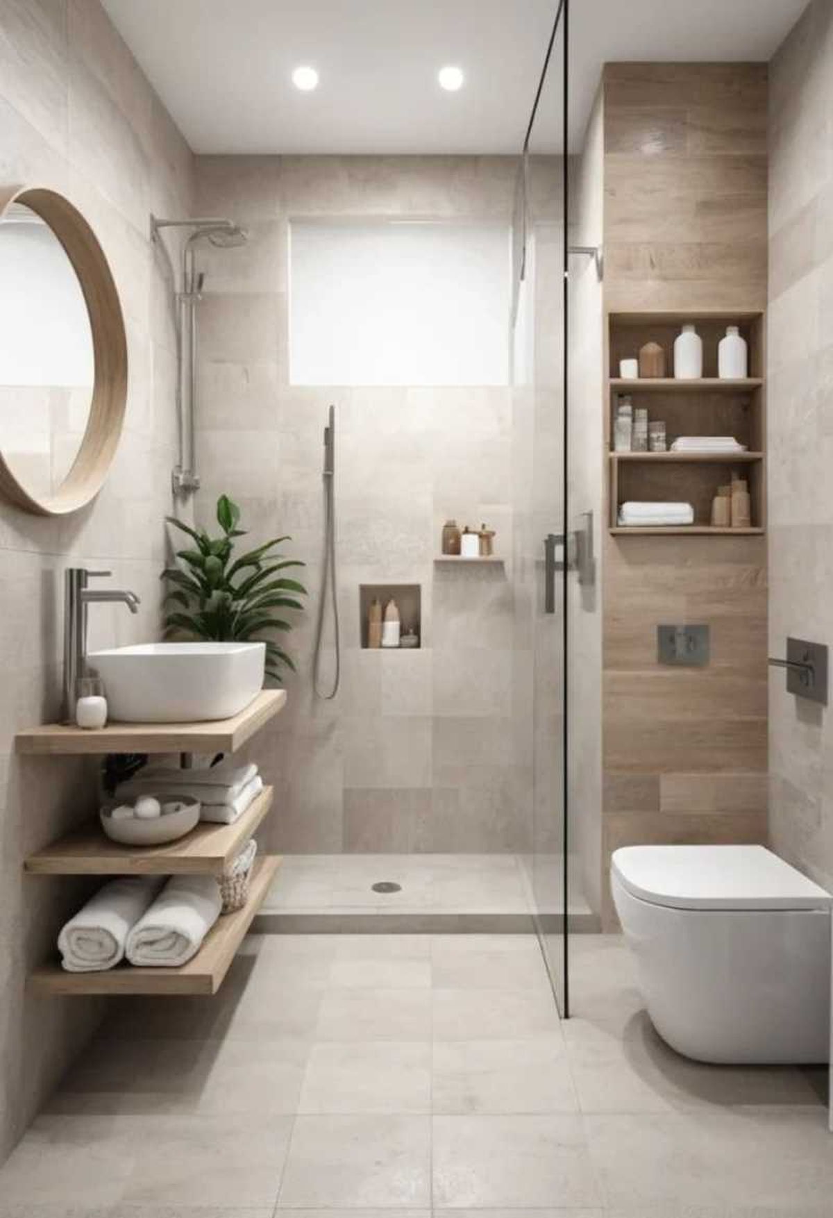 Baño pequeño con estanterías de madera. / Outfits Femeninos | Decoración, Belleza e Inspiración