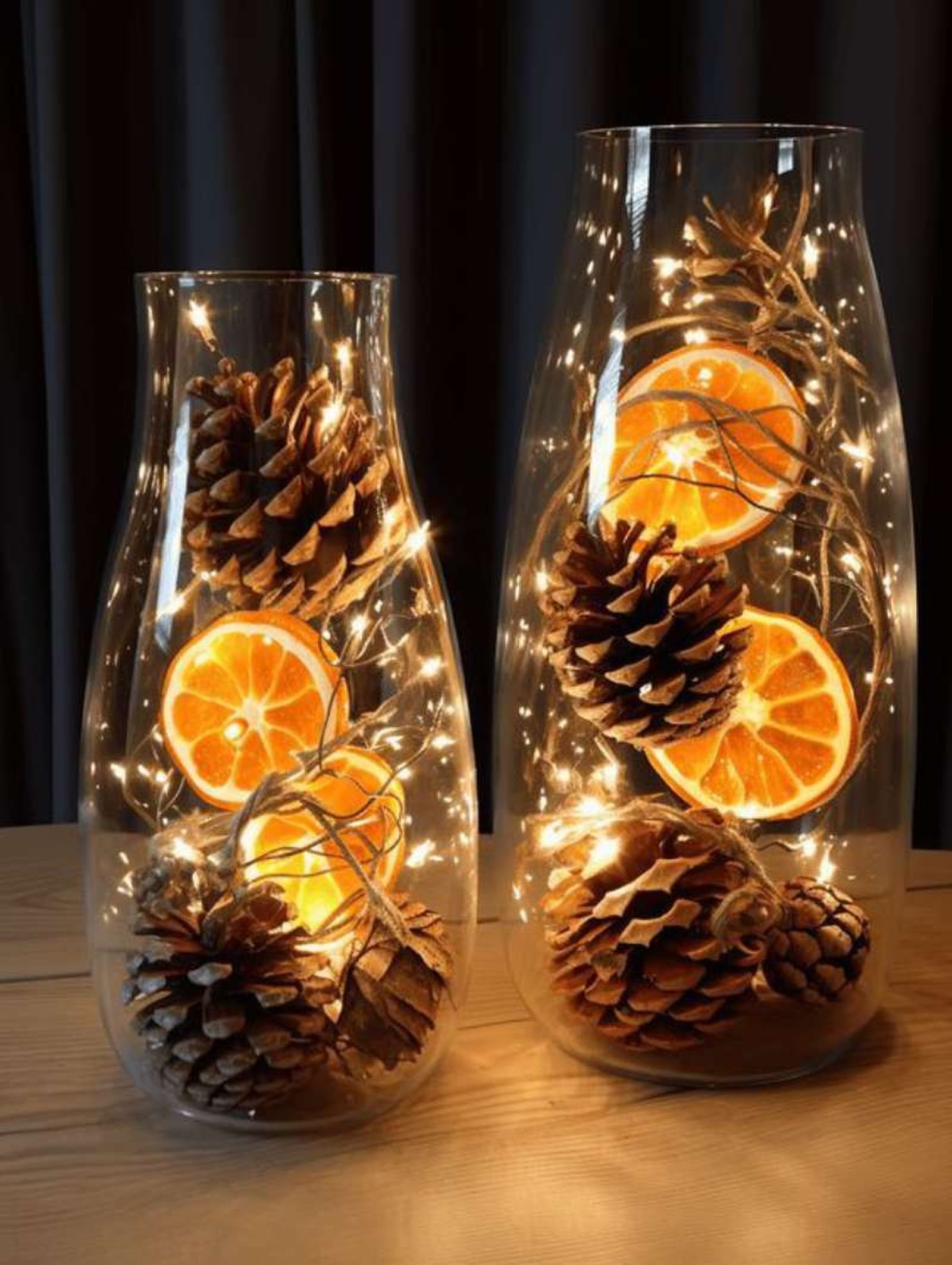 Jarrón de Navidad decorado con rodajas de naranja, piñas secas y luces. Jarrón de Navidad decorado con rodajas de naranja, piñas secas y luces.