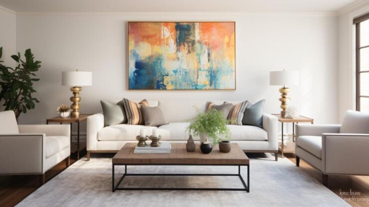 Salón minimalista con un cuadro colorido.