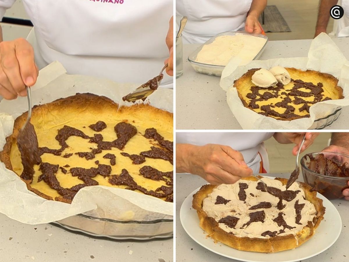 Pon una capa de praliné de avellanas con chocolate, después el helado y, por último, más praliné