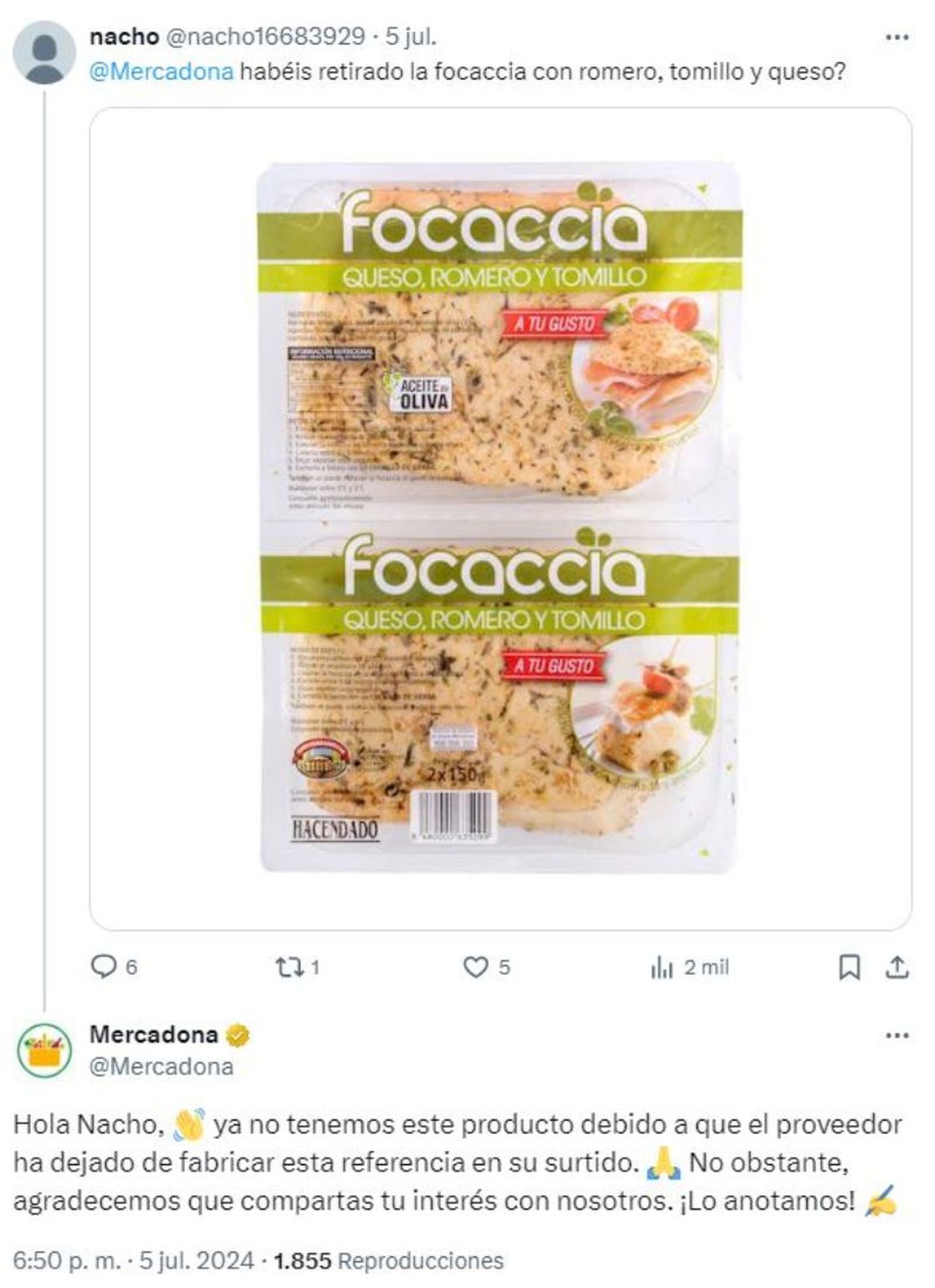 Respuesta de Mercadona sobre la retirada de la focaccia Respuesta de Mercadona sobre la retirada de la focaccia